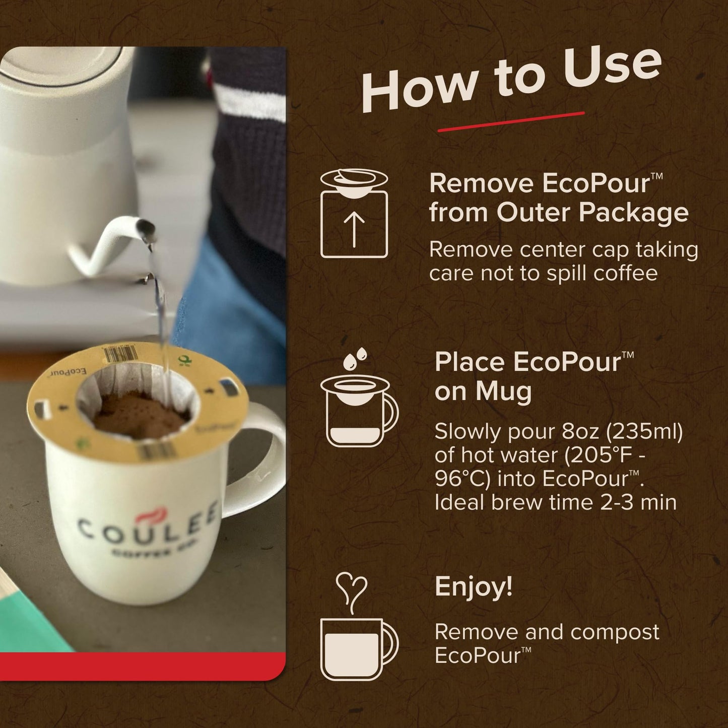 Coulée EcoPour O.G. Coffee, All Paper Single Serve Pour Over Colombian Coffee, Medium Roast, Use for Camping or Traveling, Pre Filled Compostable, All