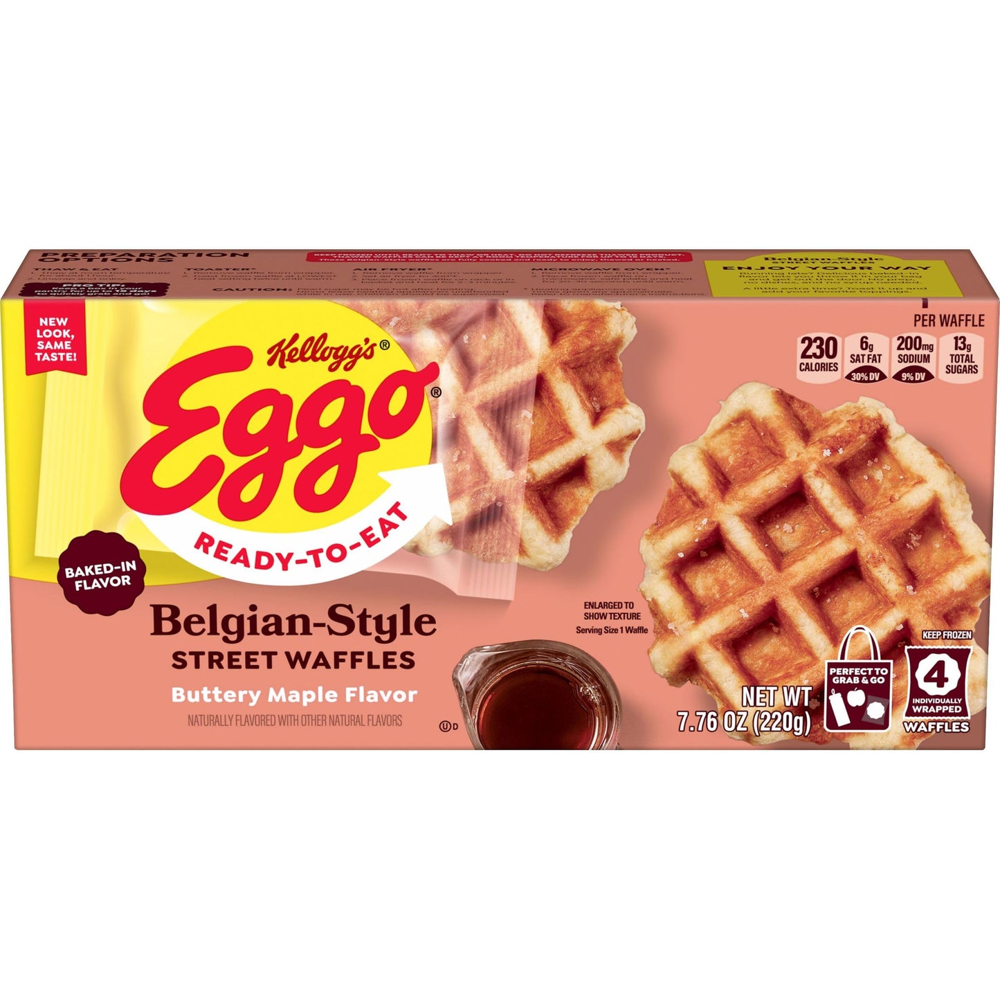 Eggo Frozen Belgian-Style Street Waffles, Frozen Breakfast, Breakfast Food, Buttery Maple Flavor, 7.76oz Box (4 Waffles)