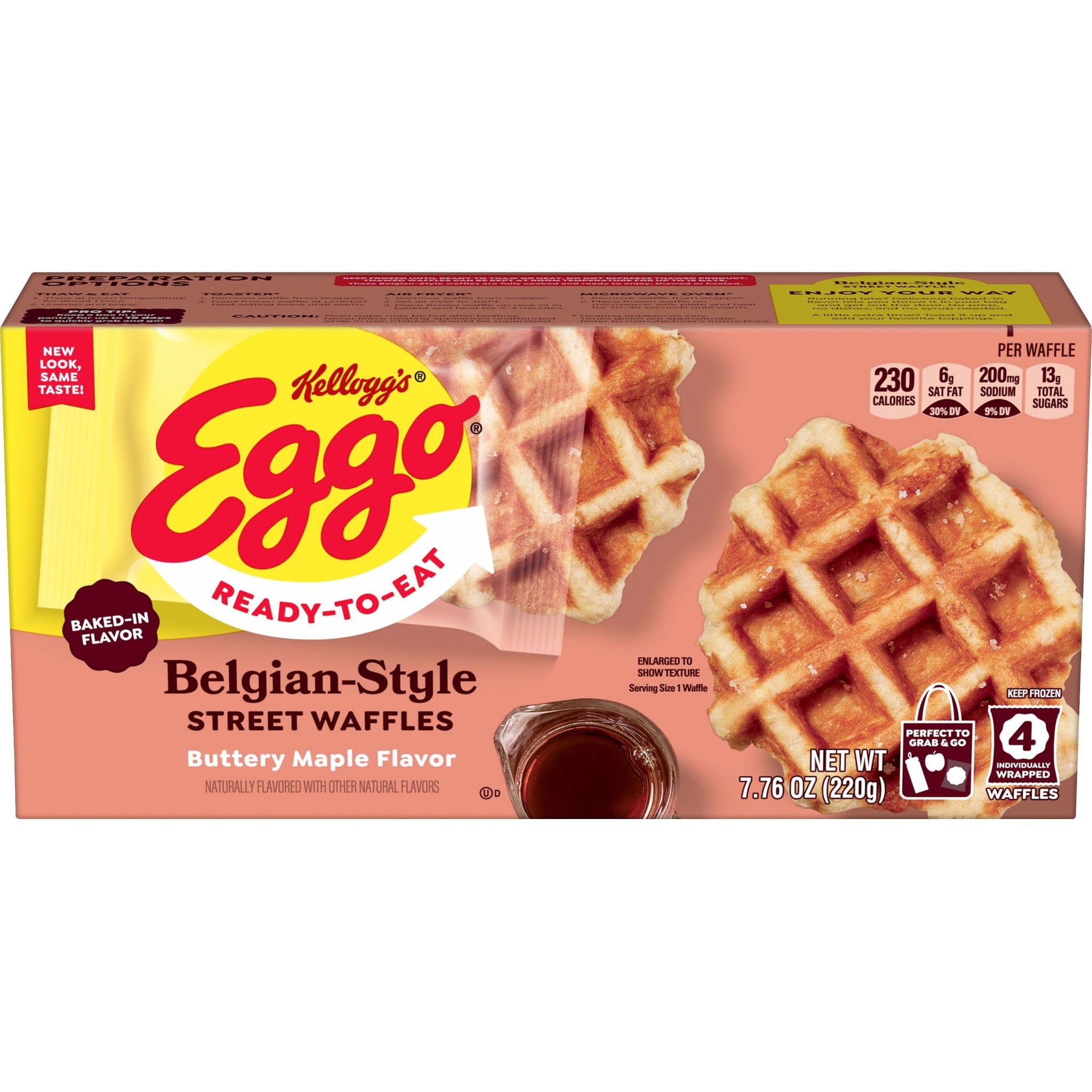 Eggo Frozen Belgian-Style Street Waffles, Frozen Breakfast, Breakfast Food, Buttery Maple Flavor, 7.76oz Box (4 Waffles)