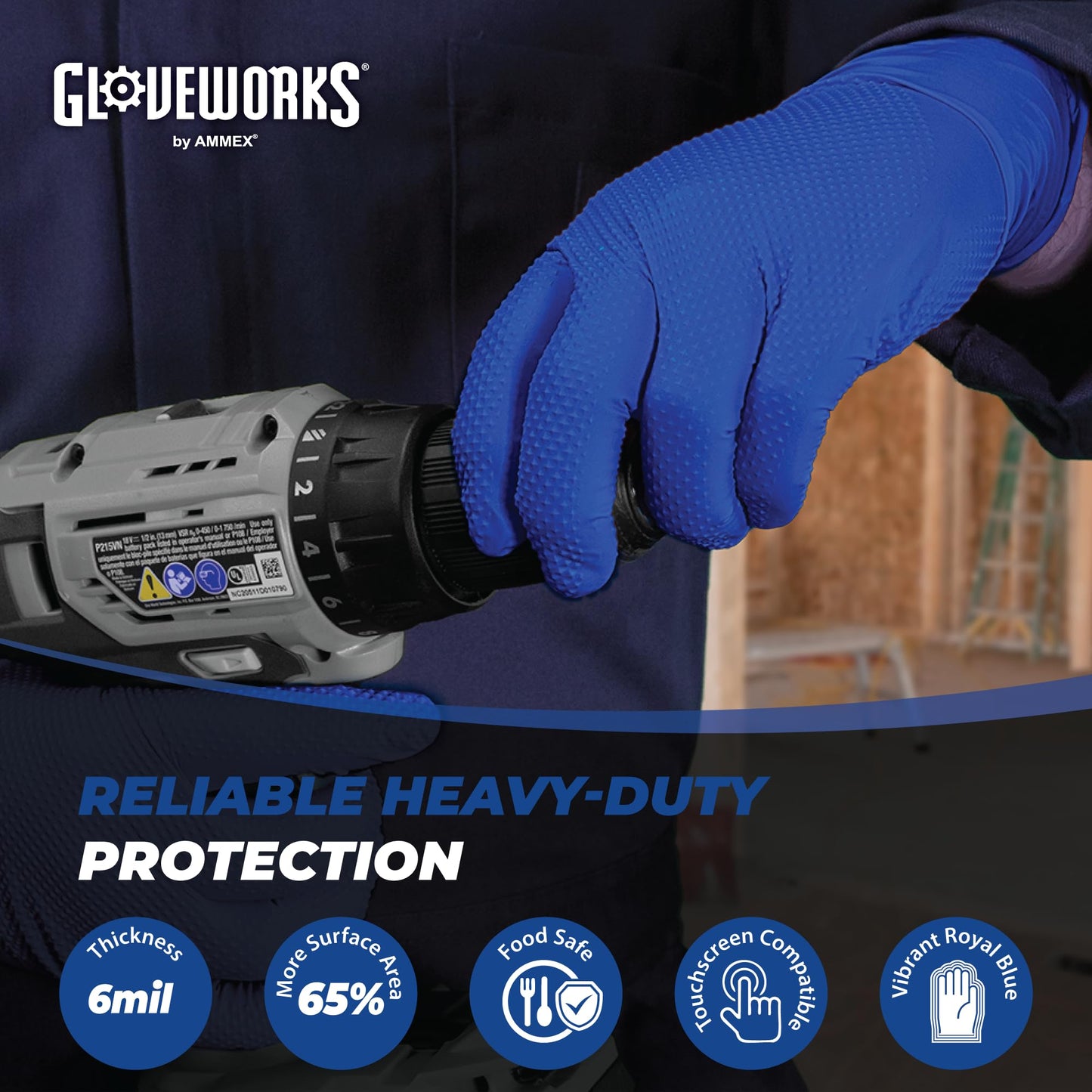 GLOVEWORKS HD Royal Blue Nitrile Industrial Disposable Gloves, 6 Mil, Latex-Free, Raised Diamond Texture, Large, Case of 1000