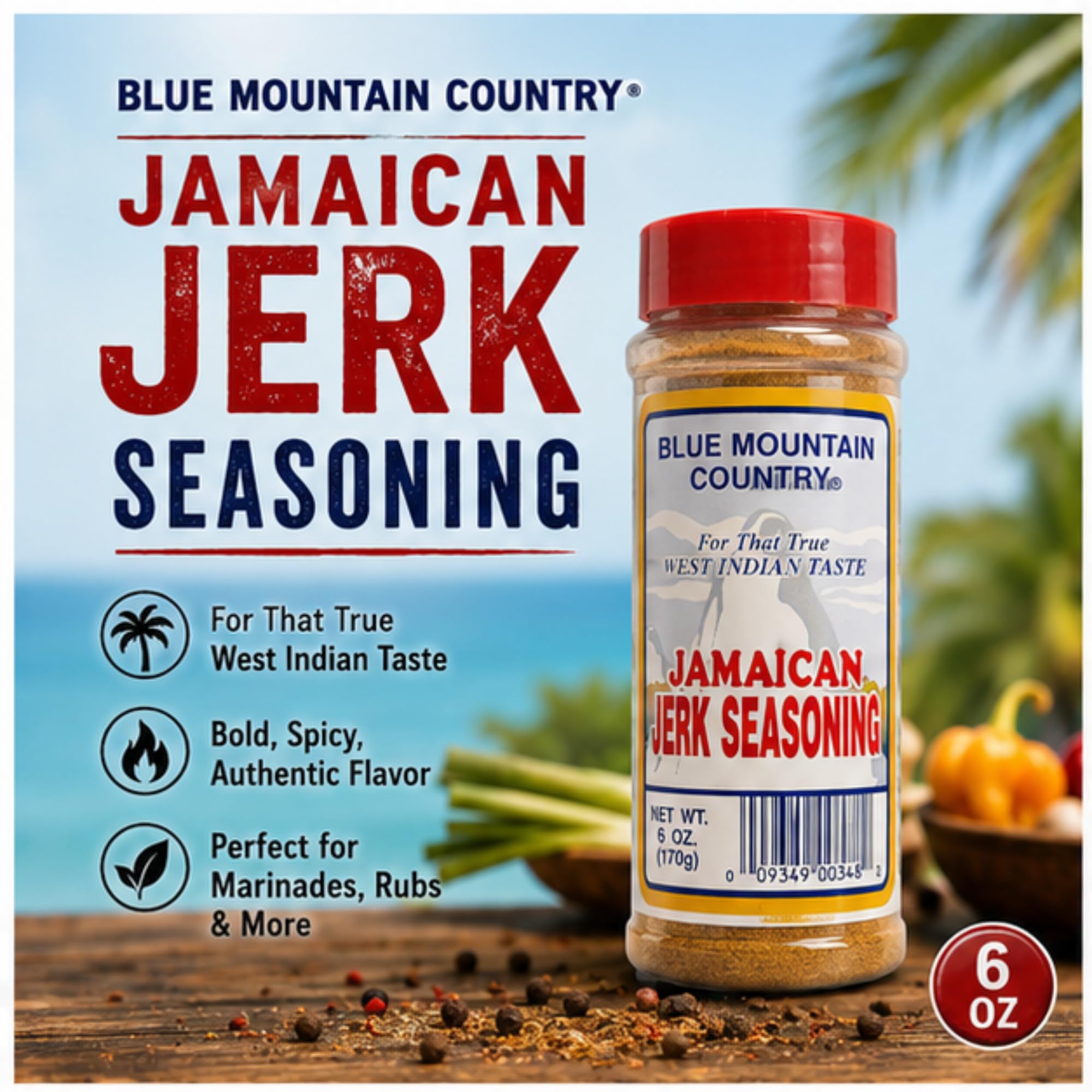 Blue Mountain Country Jamaican Jerk Seasoning, 6 oz - Authentic Caribbean Jerk Spice Blend for Chicken, Pork, Seafood & Grilling