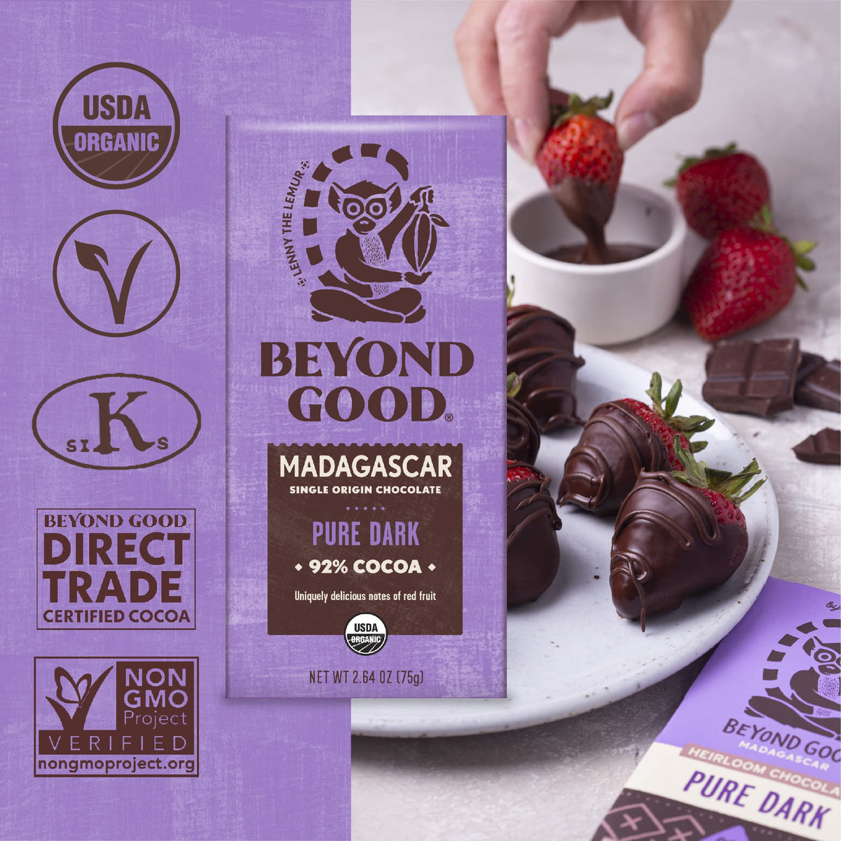 Beyond Good 92% Cocoa Pure Dark Chocolate | 6 Pack - Chocolate Bars | Organic, Direct Trade, Vegan, Kosher, Non-GMO | Single Origin Heirloom