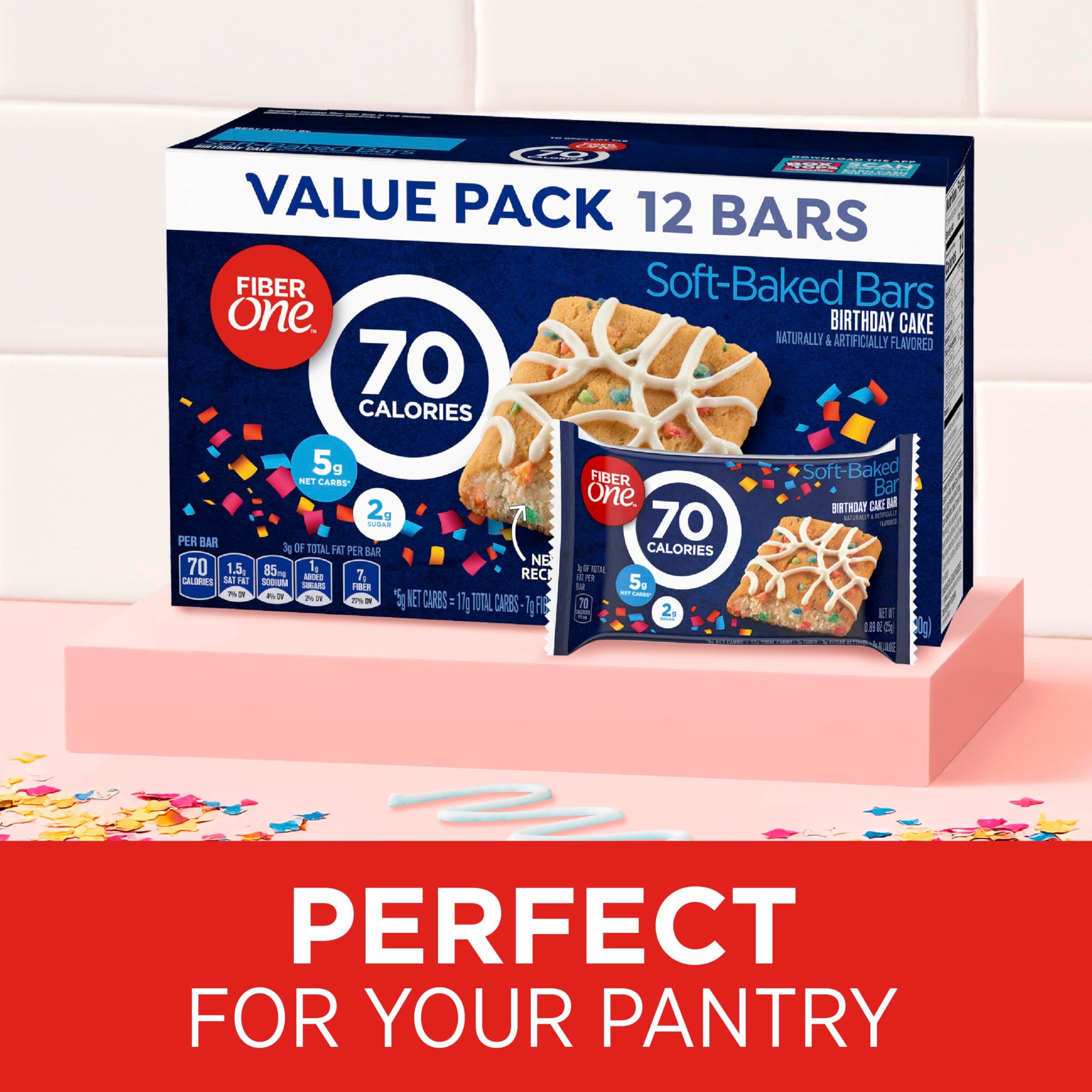 Fiber One 70 Calorie Soft-Baked Bars, Birthday Cake, Snack Bars, 12 ct