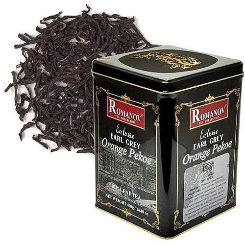 Romanov Tea | Exclusive | Earl Grey | Orange Pekoe | Big Leaf Tea | Metal Tin | GMO Free | Gluten Free | Dairy Free | Sugar Free | 100% Natural | 400