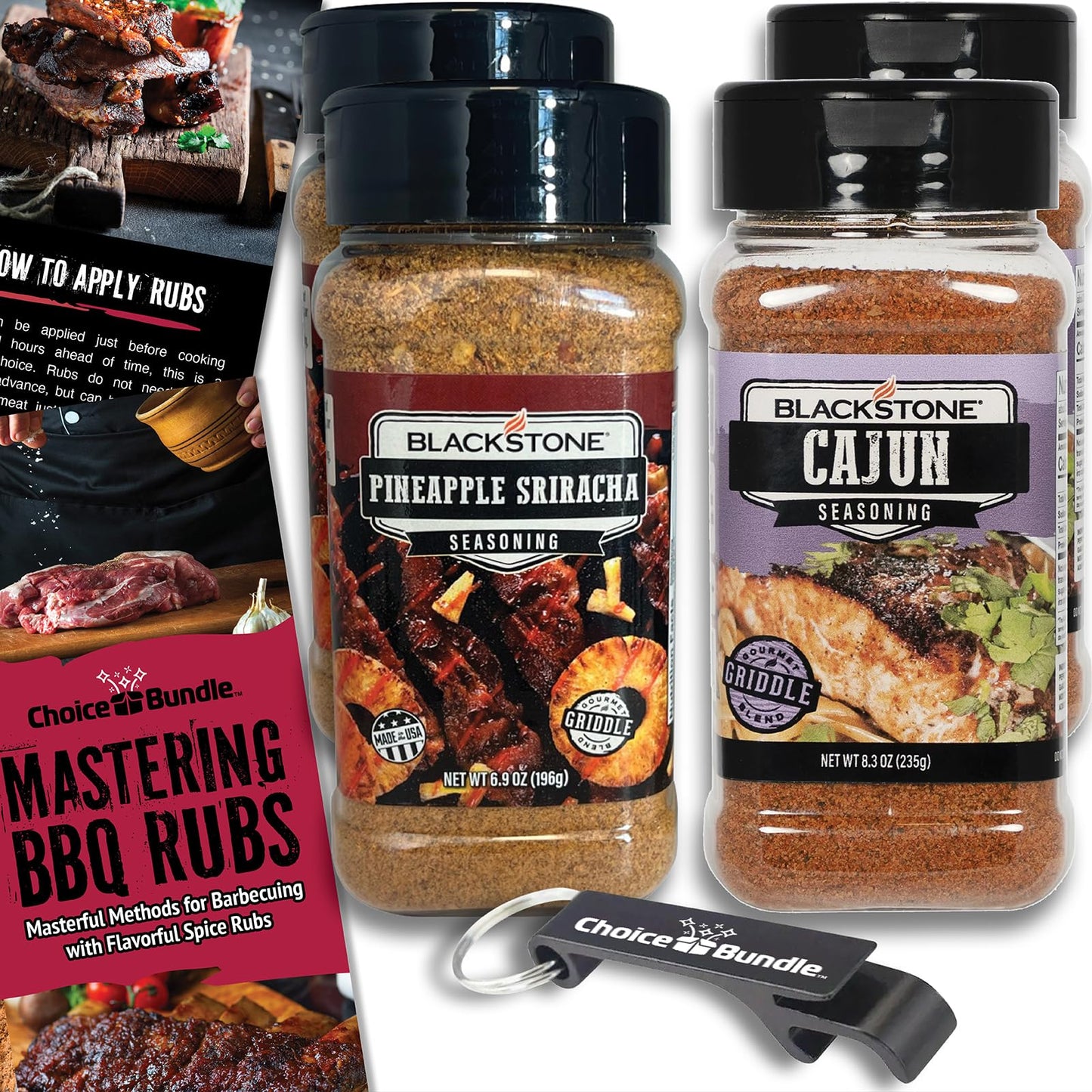 Blackstone Pineapple Sriracha & Cajun Seasoning - Gourmet Griddle Premium BBQ Barbecue Rub 4 Pk Choice Bundle (30.4 oz) + BBQ Guide & Bottle Opener (6