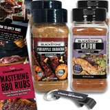 Blackstone Pineapple Sriracha & Cajun Seasoning - Gourmet Griddle Premium BBQ Barbecue Rub 4 Pk Choice Bundle (30.4 oz) + BBQ Guide & Bottle Opener (6
