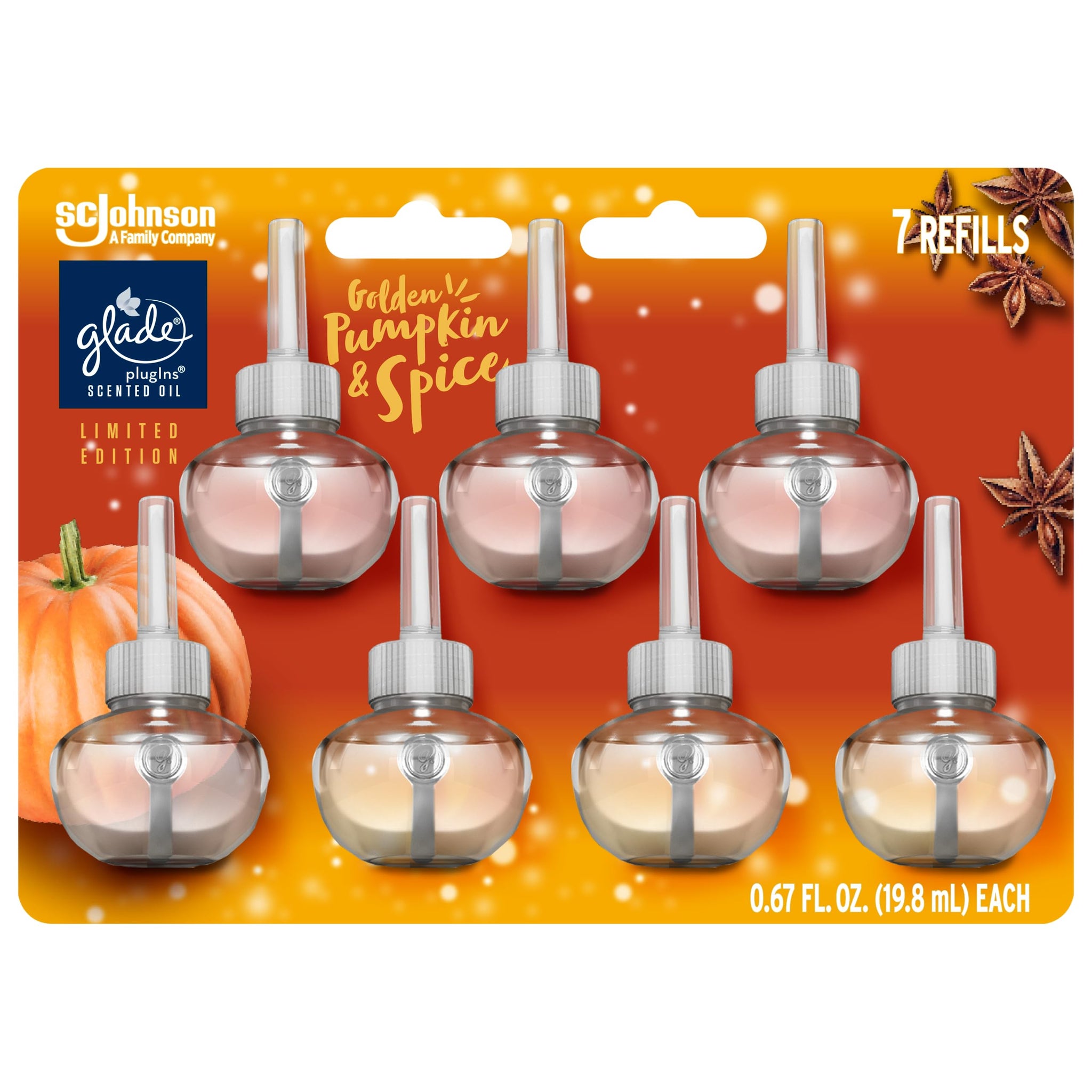 Glade PlugIns Refills Air Freshener, Scented and Essential Oils for Home and Bathroom, Golden Pumpkin & Spice, 4.69 Fl Oz, 7 Count