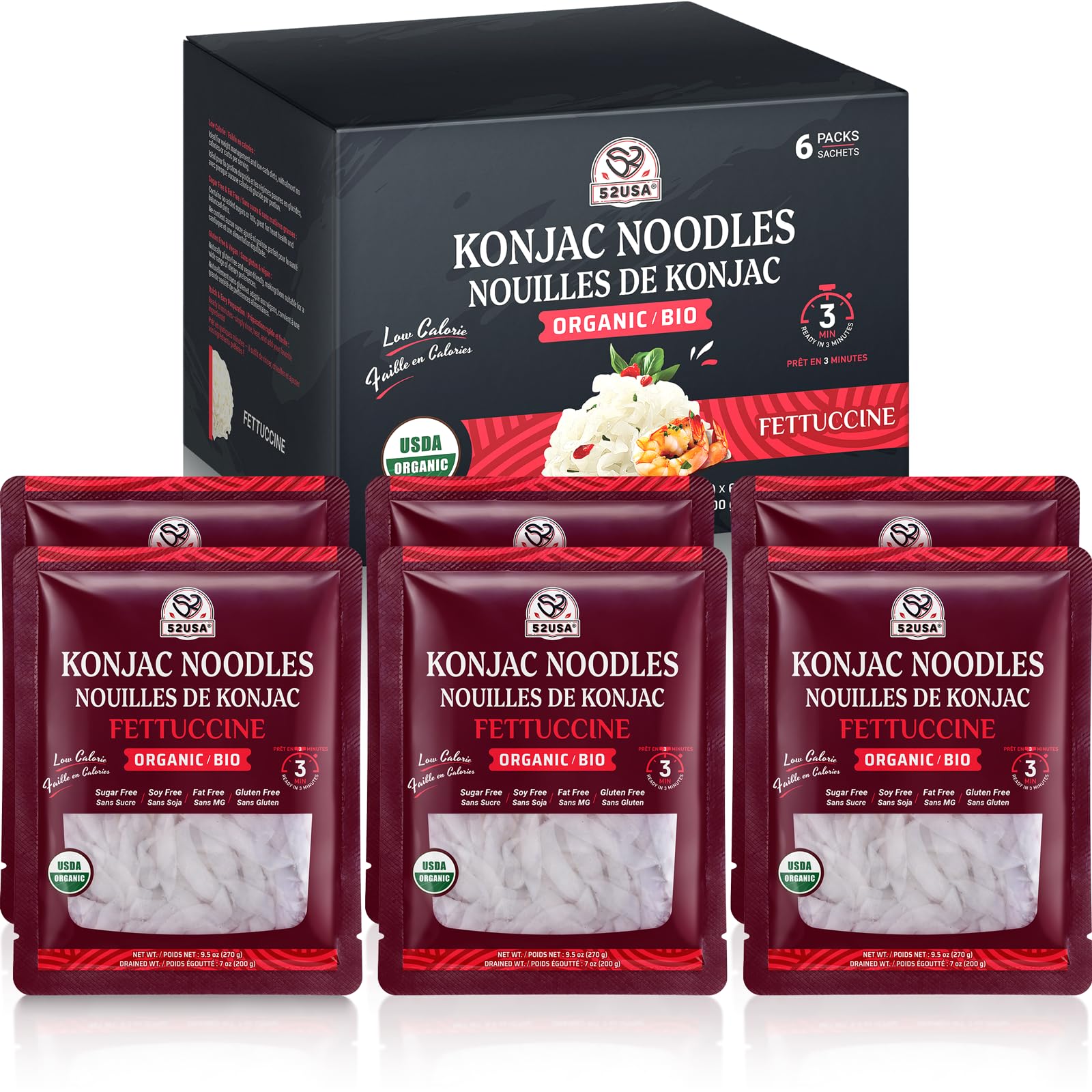 52USA USDA Organic Konjac Fettuccine Noodle, 6 Pack (52.8 oz Total) Low Carb Pasta Konjac Noodles, Keto and Paleo Friendly, Vegan, Gluten-Free