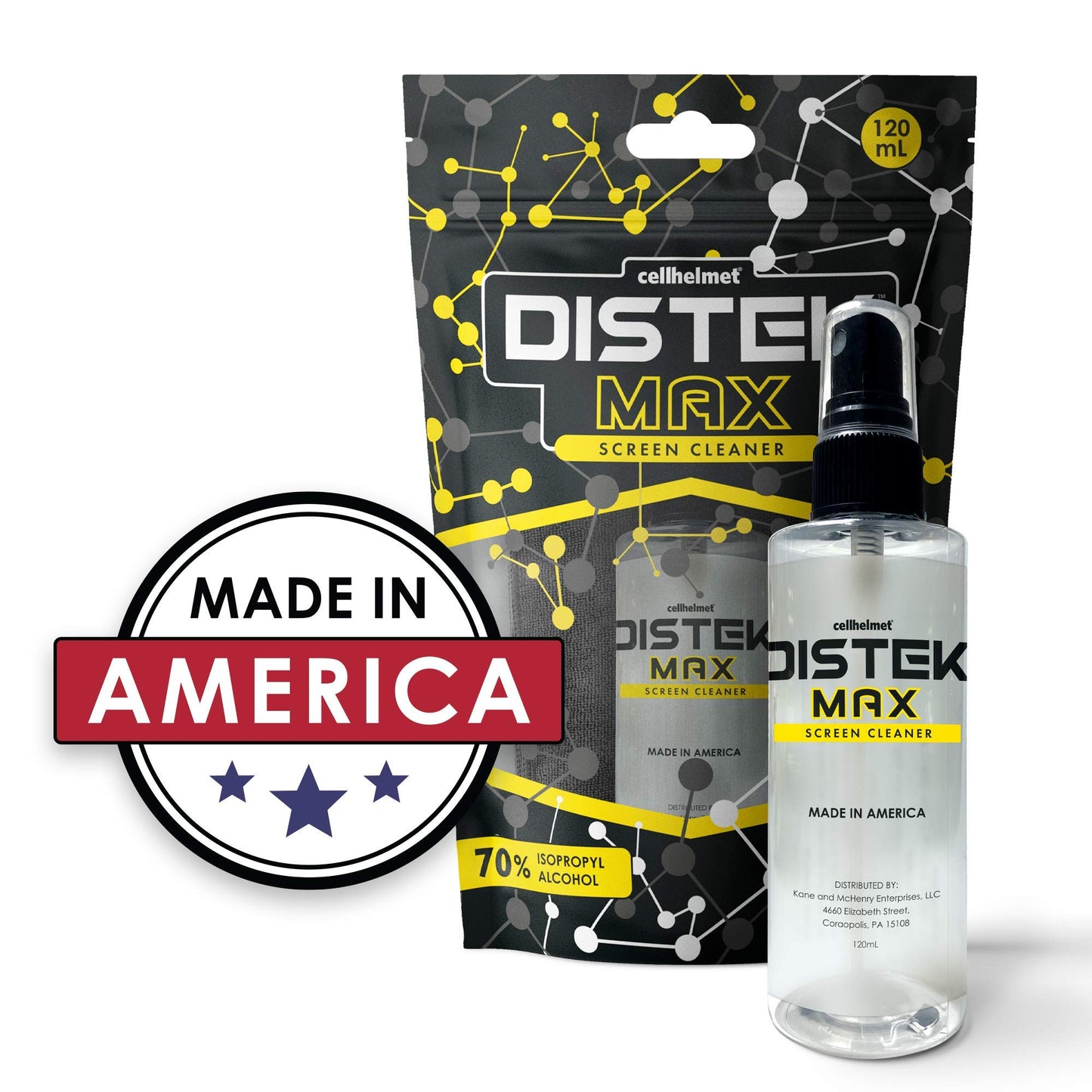 cellhelmet DISTEK Max Screen and Phone Cleaner Disinfectant with 70 Percent Isopropyl Alcohol 70% Universal for All Glass Displays, LCD - 120mL / 4oz