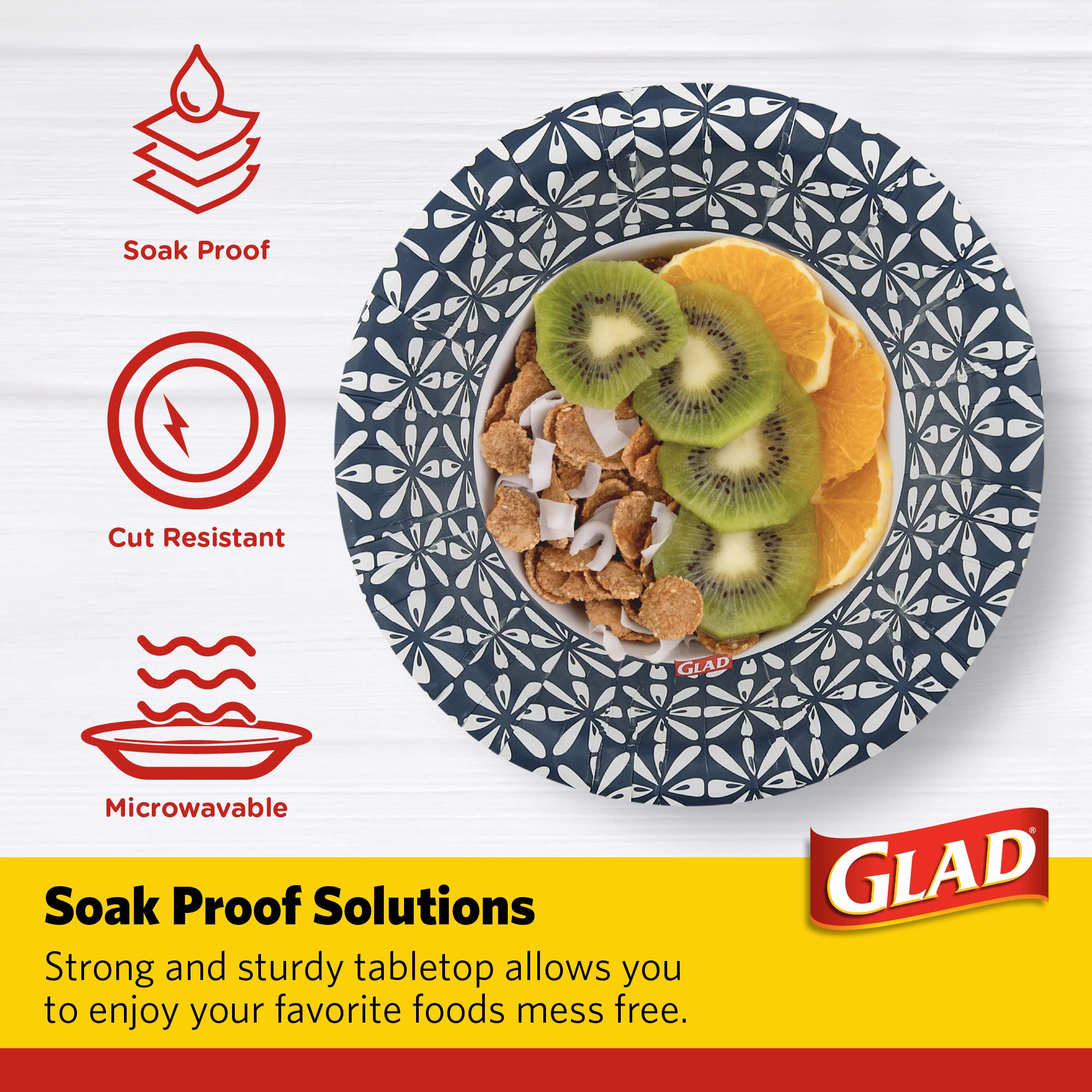 Glad Round Disposable Paper Bowls, Blue Mosaic Design - Heavy Duty, Soak-Proof, Cut-Resistant, Microwavable Paper Bowls for All Foods, Daily Use