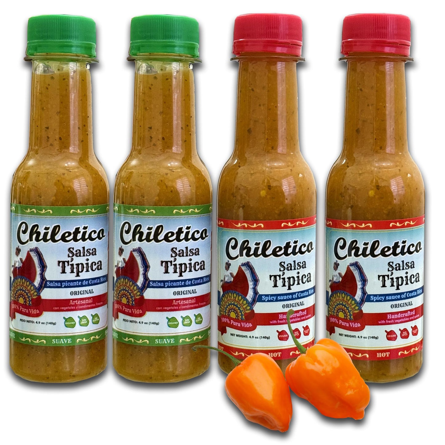 Chiletico Típica Sauce - 2 Mild + 2 Hot - Traditional Costa Rican Salsa - Artisan Handmade Flavor for Meats, Tamales, Rice & More - 4.9 oz (150 g)