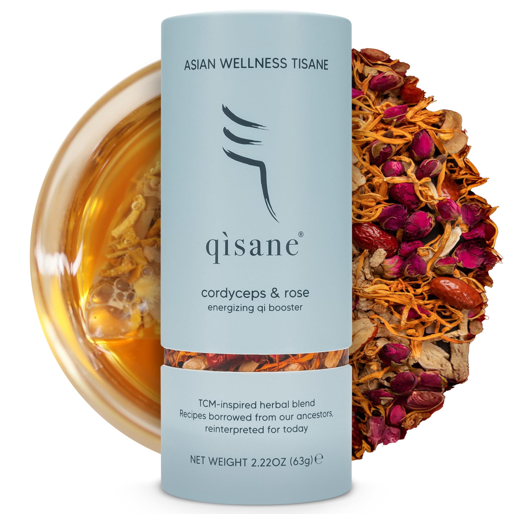 qìsane Cordyceps Tea Bags with Dried Rose Buds - Adaptogenic Cordyceps Mushroom Flowers, Dried Roses, Astragalus Root & Codonopsis Root - Caffeine