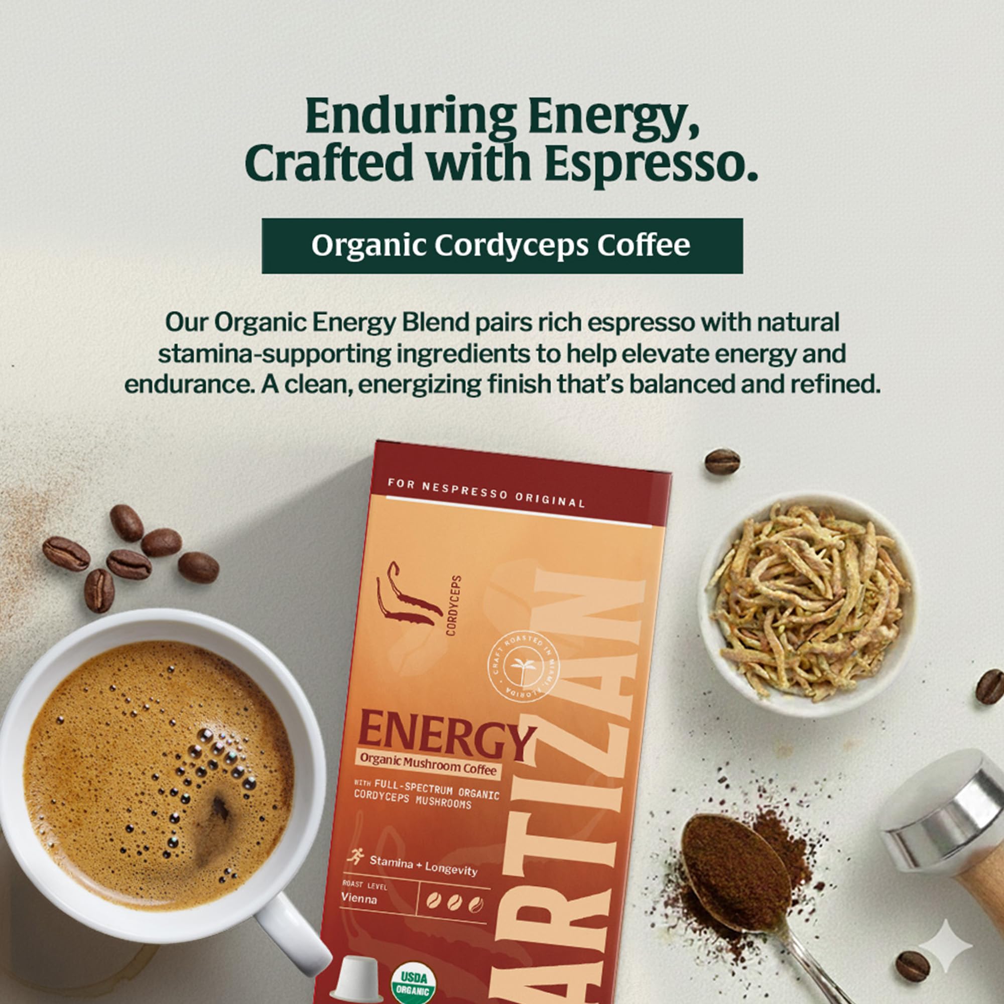 Artizan Organic Cordyceps Mushroom Coffee Pods for Nespresso Original Line | Steady Energy + Stamina | 10 Compostable Espresso Capsules