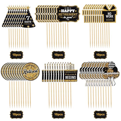60 Pcs Happy Retirement Cupcake Toppers, Gold Retired Cake Picks for Party Decoration - Birthday Cake Topper Supplies