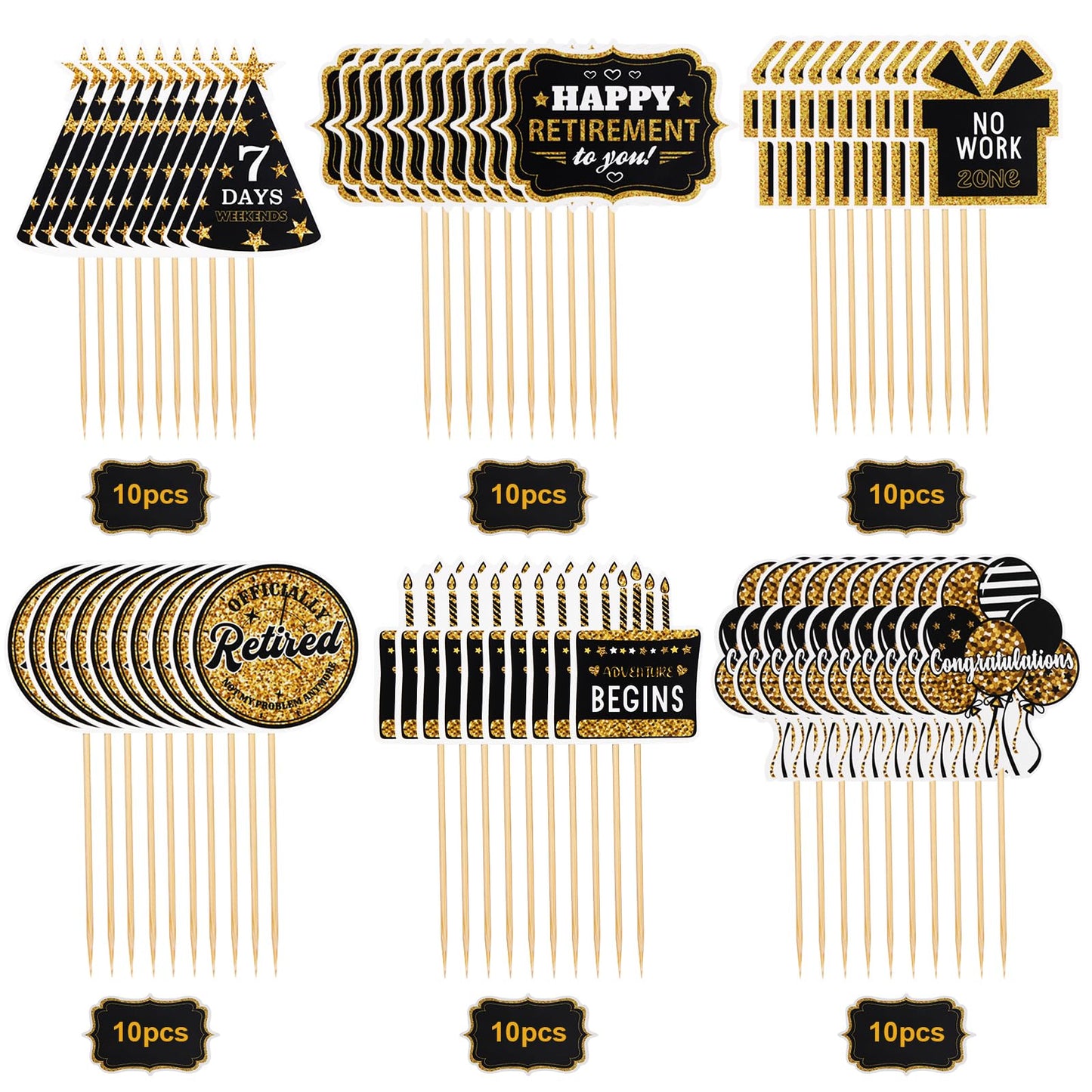 60 Pcs Happy Retirement Cupcake Toppers, Gold Retired Cake Picks for Party Decoration - Birthday Cake Topper Supplies
