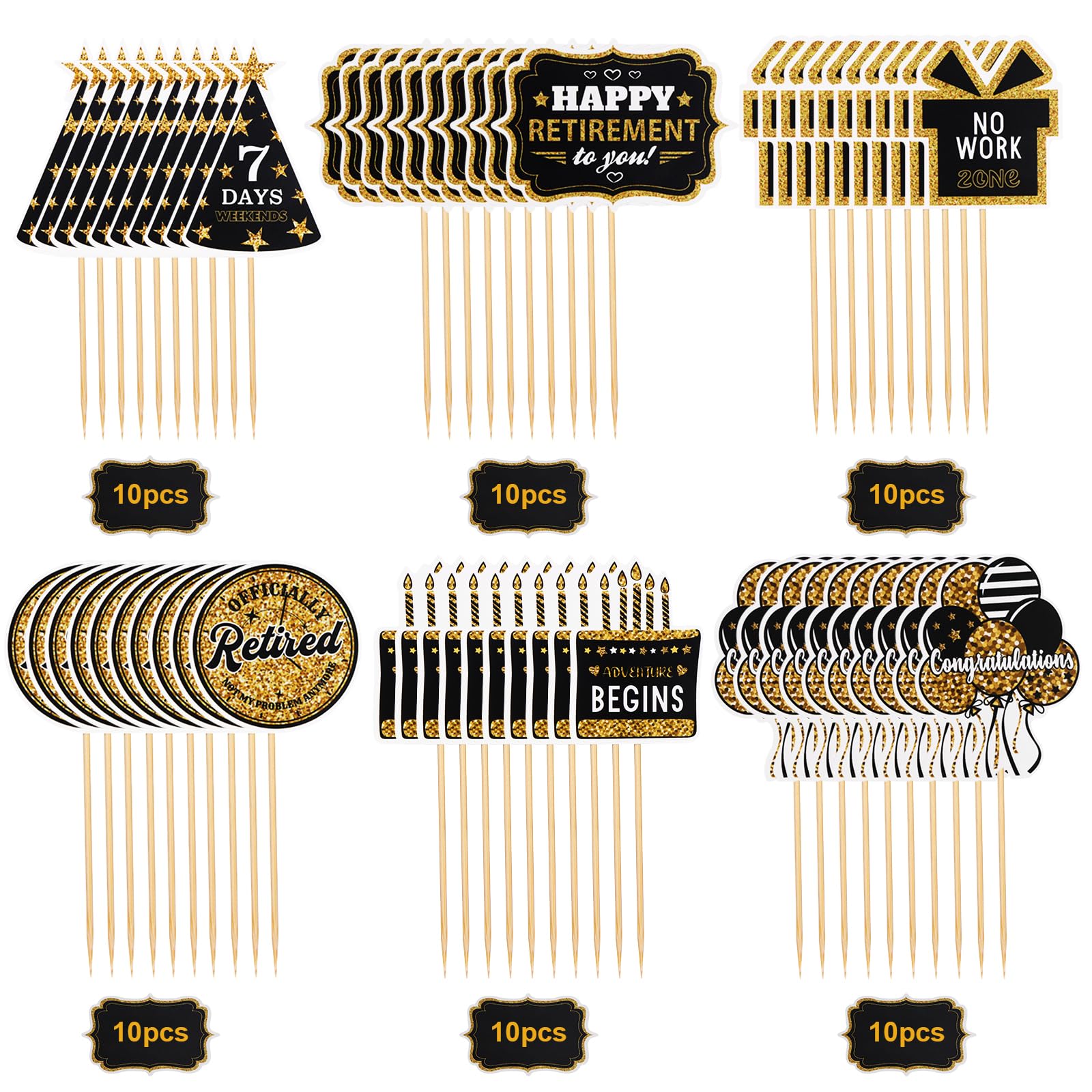 60 Pcs Happy Retirement Cupcake Toppers, Gold Retired Cake Picks for Party Decoration - Birthday Cake Topper Supplies
