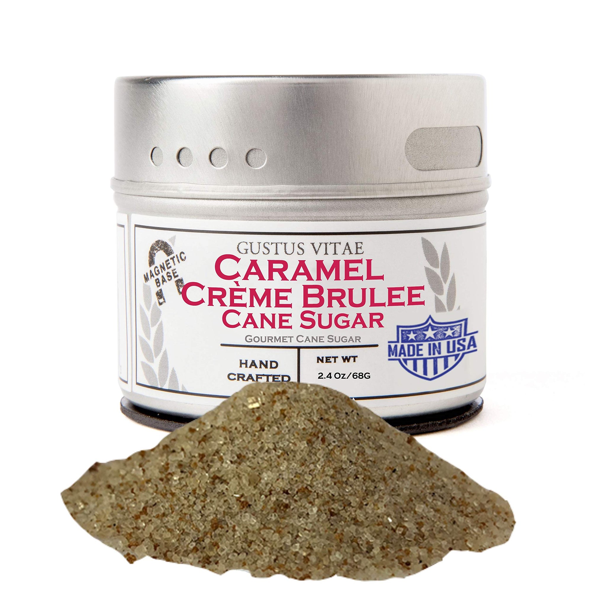 Caramel Crème Brûlée Cane Sugar | Artisanal Infused Sugar | 1:1 Replacement For Plain Sugar | All Natural, Non GMO | Gourmet Sweetener | Handmade in Small Batches | GLP-1 Friendly | Magnetic Tin | Gustus Vitae | #82
