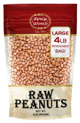 Spicy World Peanuts Raw Whole With Skin 4 LB Jumbo Bag (64oz) | Uncooked, Unsalted, All Natural, USA Grown Red Skin Spanish Grade