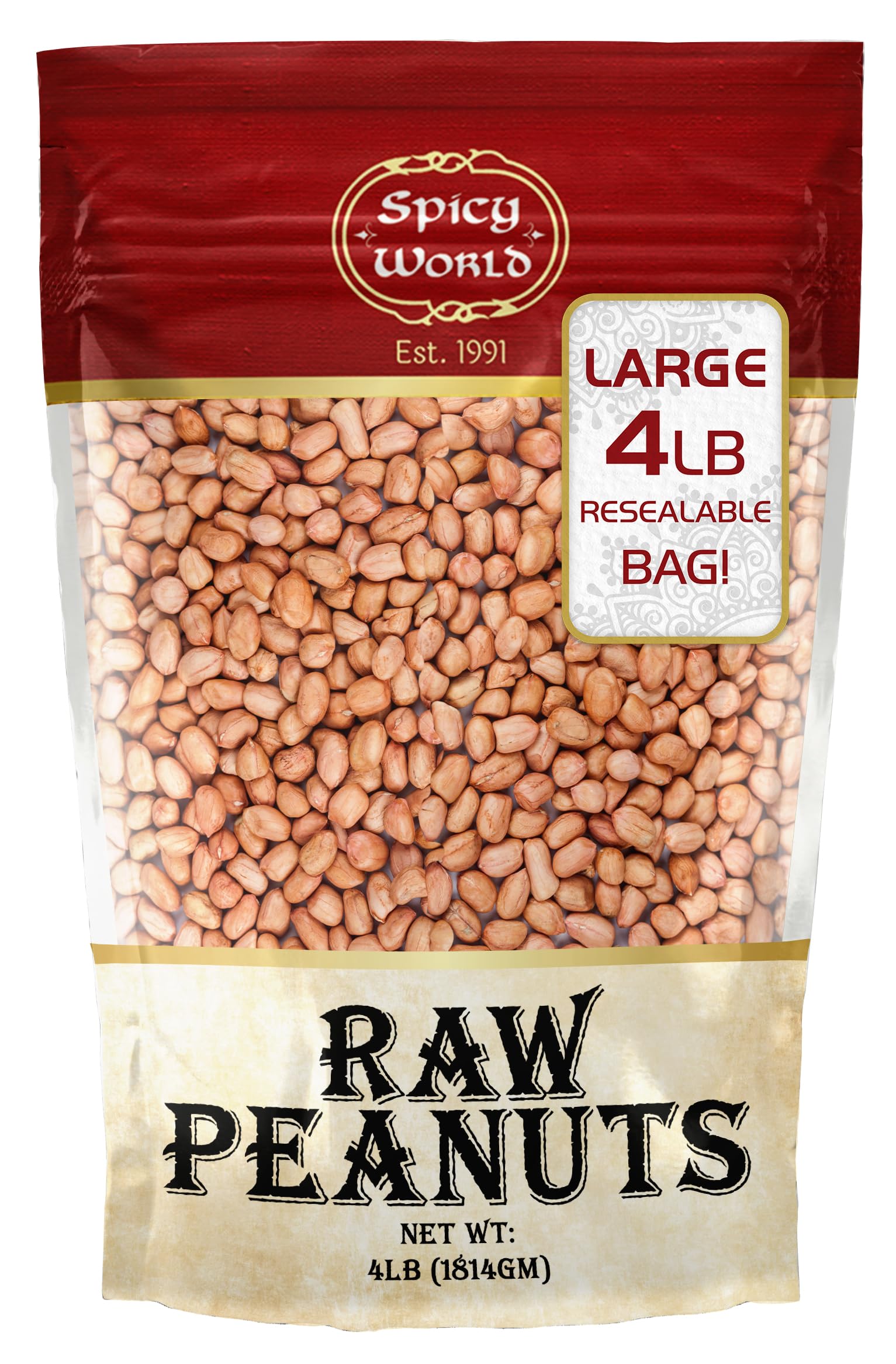 Spicy World Peanuts Raw Whole With Skin 4 LB Jumbo Bag (64oz) | Uncooked, Unsalted, All Natural, USA Grown Red Skin Spanish Grade