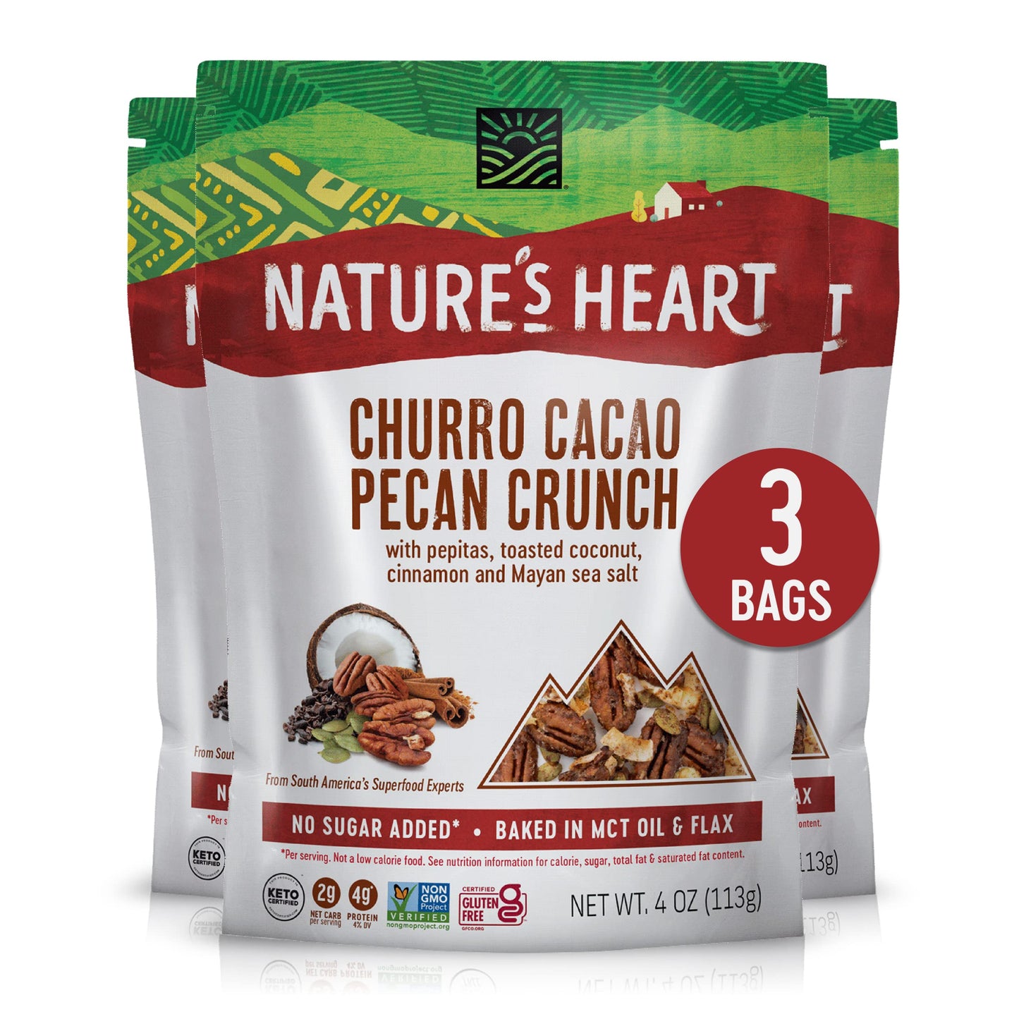 Nature’s Heart | Healthy Mixed Nuts Snack | Keto, Gluten Free, Vegan, Low Carb, Paleo | Ethically Sourced | Churro Cacao Pecan Crunch (Pack of 3)