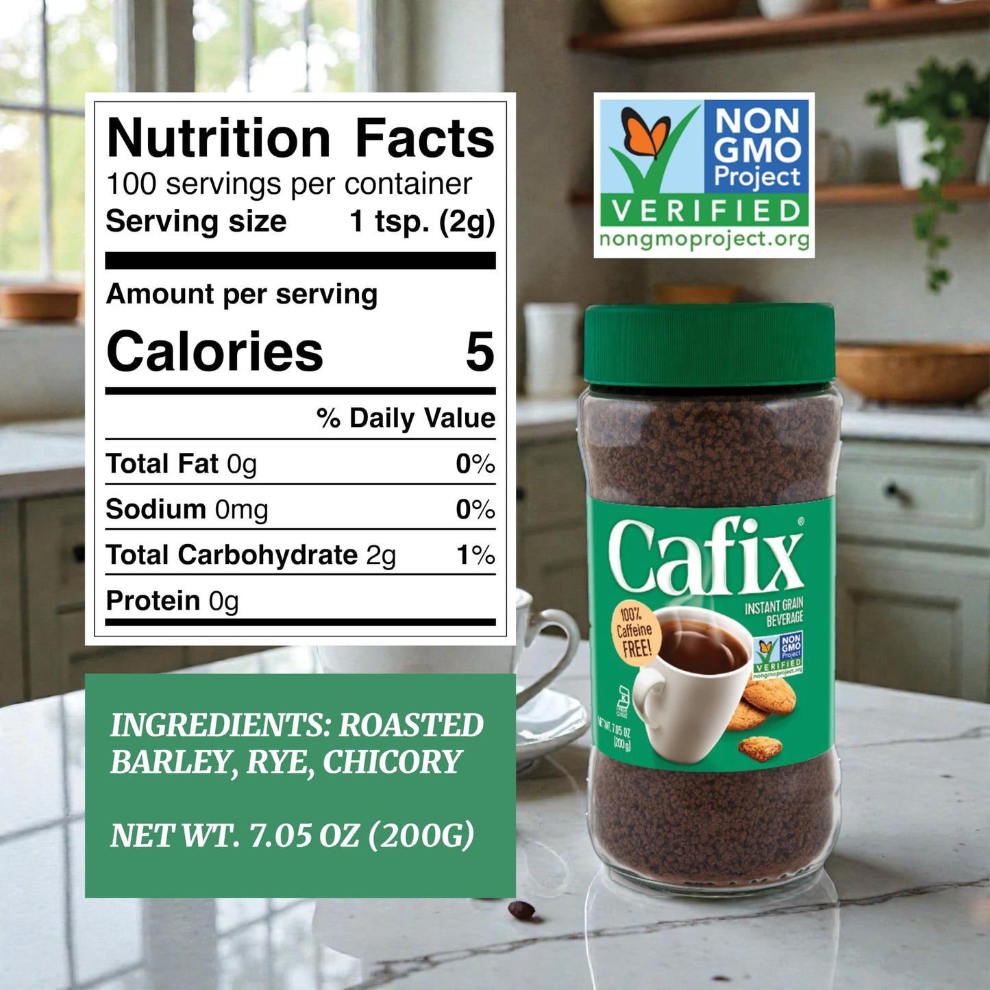 Cafix All Natural Instant Chicory Coffee Alternative, Great-Tasting, Rich and Bold, Zero Caffeine - 7.05oz Jar (Pack of 4)