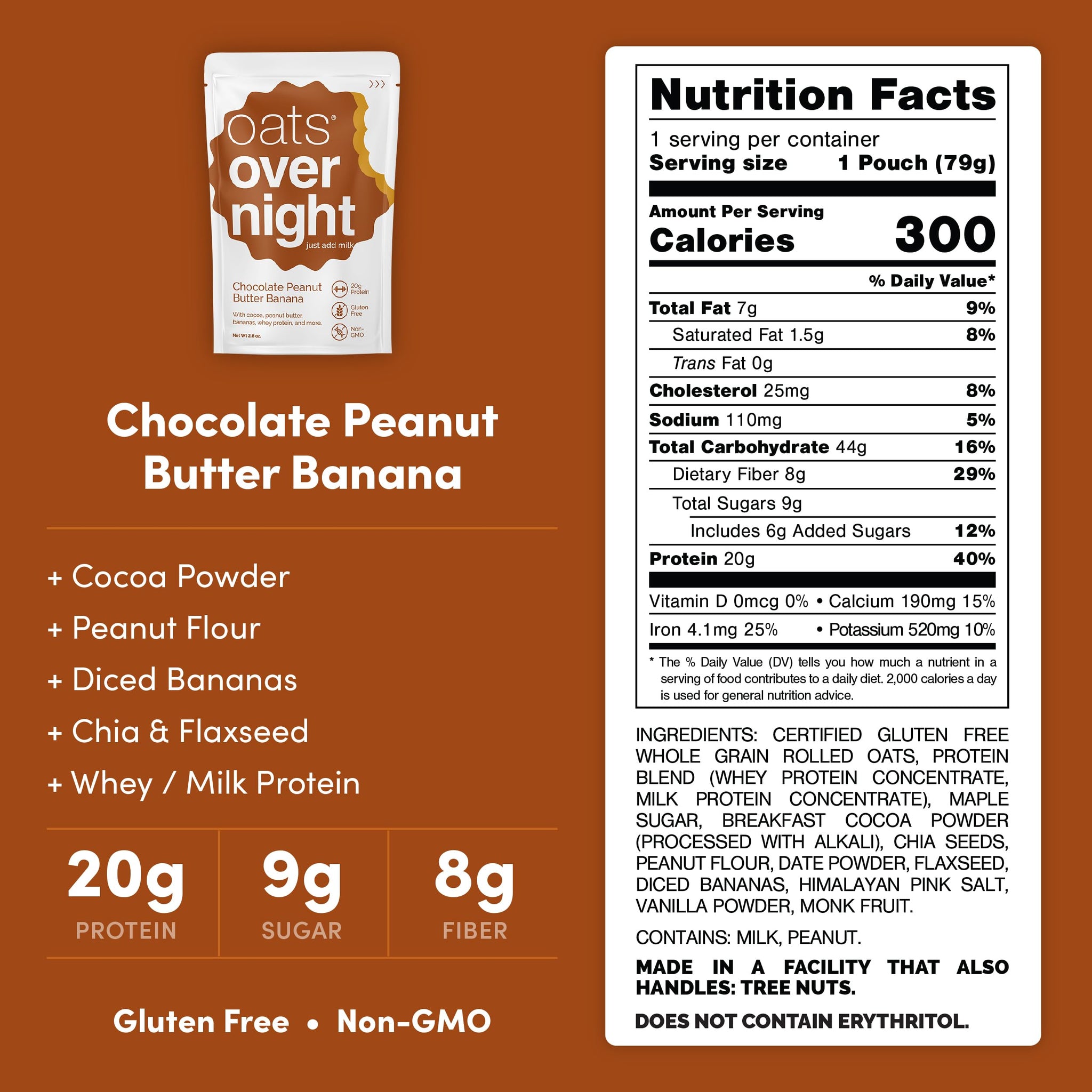 Oats Overnight Chocolate Peanut Butter Banana - Overnight Oats with 20g Protein, High Fiber Breakfast Protein Shake - Gluten Free Oatmeal, Non GMO