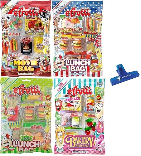eFrutti Gummi Candy Variety, Movie Bag, Lunch Bag, Sour Lunch Bag, and Bakery Shoppe Bag, 2.2 Ounce (Pack of 4) - with MYD Bag Clip