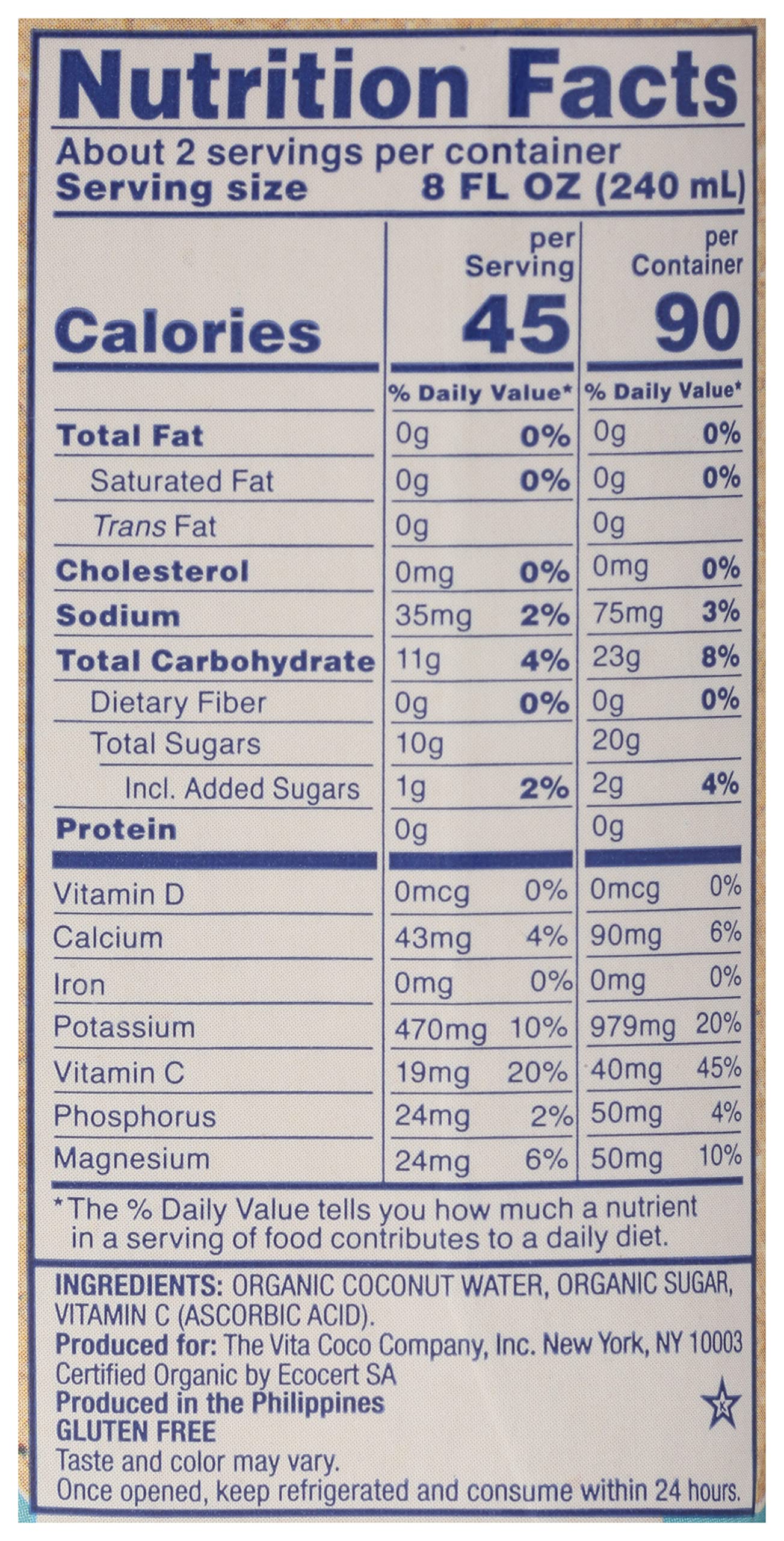 Vita Coco Organic Farmers Coconut Water, 16.9 FZ