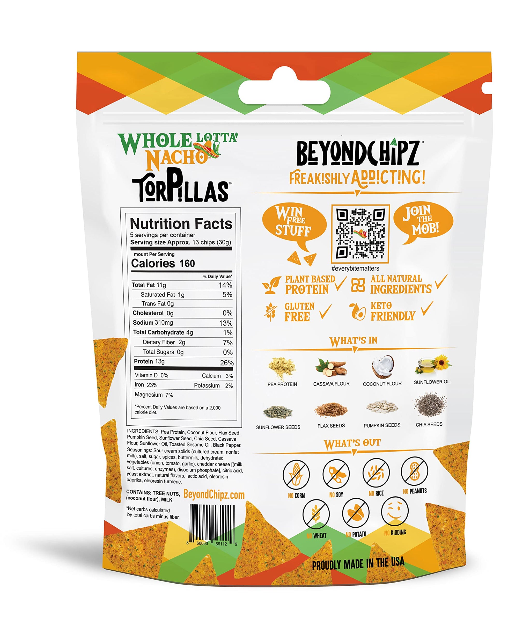 BeyondChipz Low Carb Tortilla Chips, Whole Lotta' Nacho, Keto Friendly, Gluten Free, 5.3oz Bag, Pack of 2