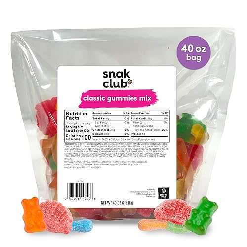 Snak Club Mixed Classic Gummies, Bulk Candy Mix with Gummy Bears, Sour Worms, Cherry Slices, Soft and Chewy Assorted Fruit Gummies, 40 oz Bag