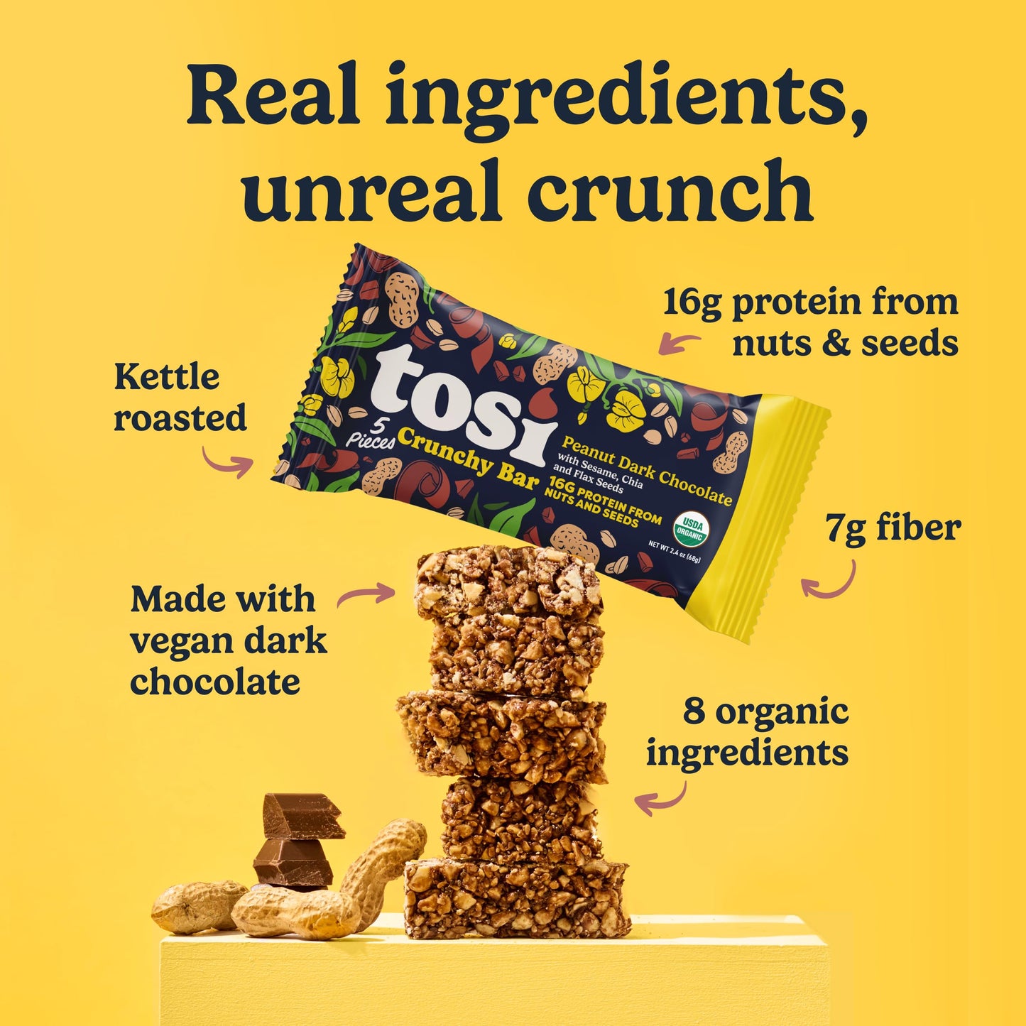Tosi Meal Nut Bars, Peanut Dark Chocolate, Healthy Snacks for Adults & Kids, Crunchy Plant Based Protein Bar (16G), Keto Snacks, Vegan, Gluten & Soy