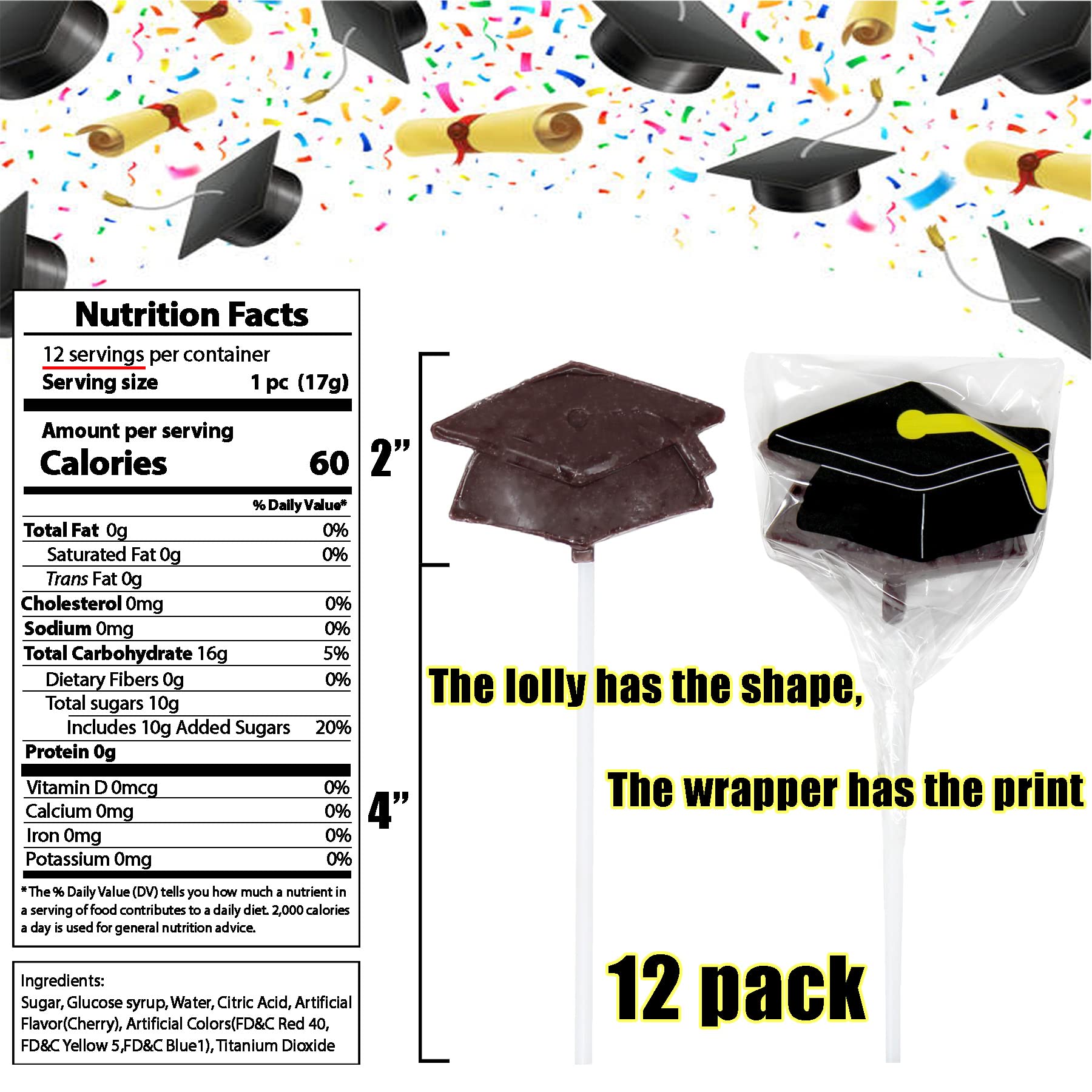 Graduation Hat Lollipops - Grad Party Suckers - Graduation Party Favors - 12 Individually Wrapped Graduation Candy Pops - Graduation Decorations
