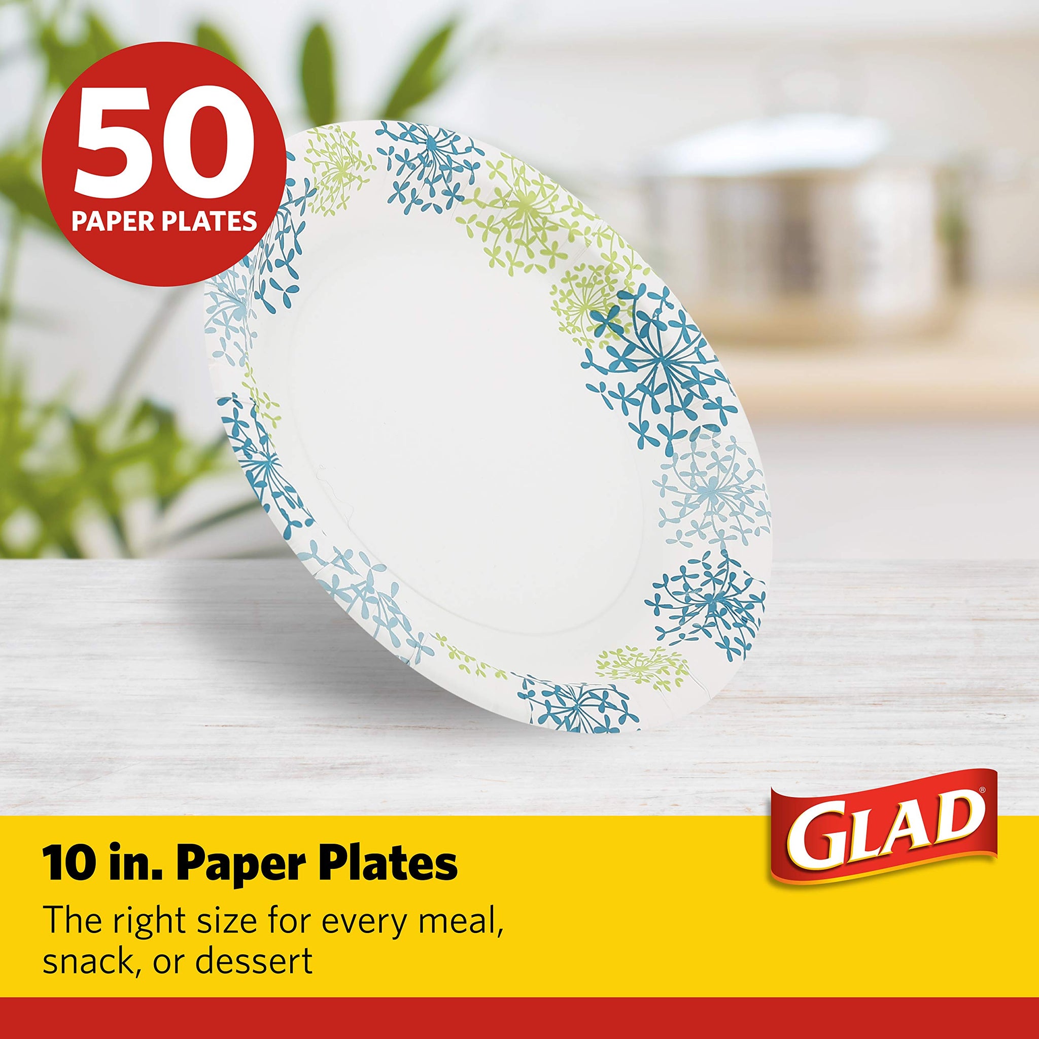 Glad Everyday Round Paper Plates, Blue Hydrangea Print Disposable Dinner Plates for Meals and Parties, Soak Proof and Cut Resistant, Microwave Safe