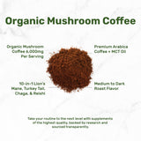 Organic Mushroom Coffee, 10oz - 10 Adaptogenic Mushrooms with Arabica Coffee + MCT Oil for Smooth Flavor - Turkey Tail, Lions Mane, Cordyceps, Chaga