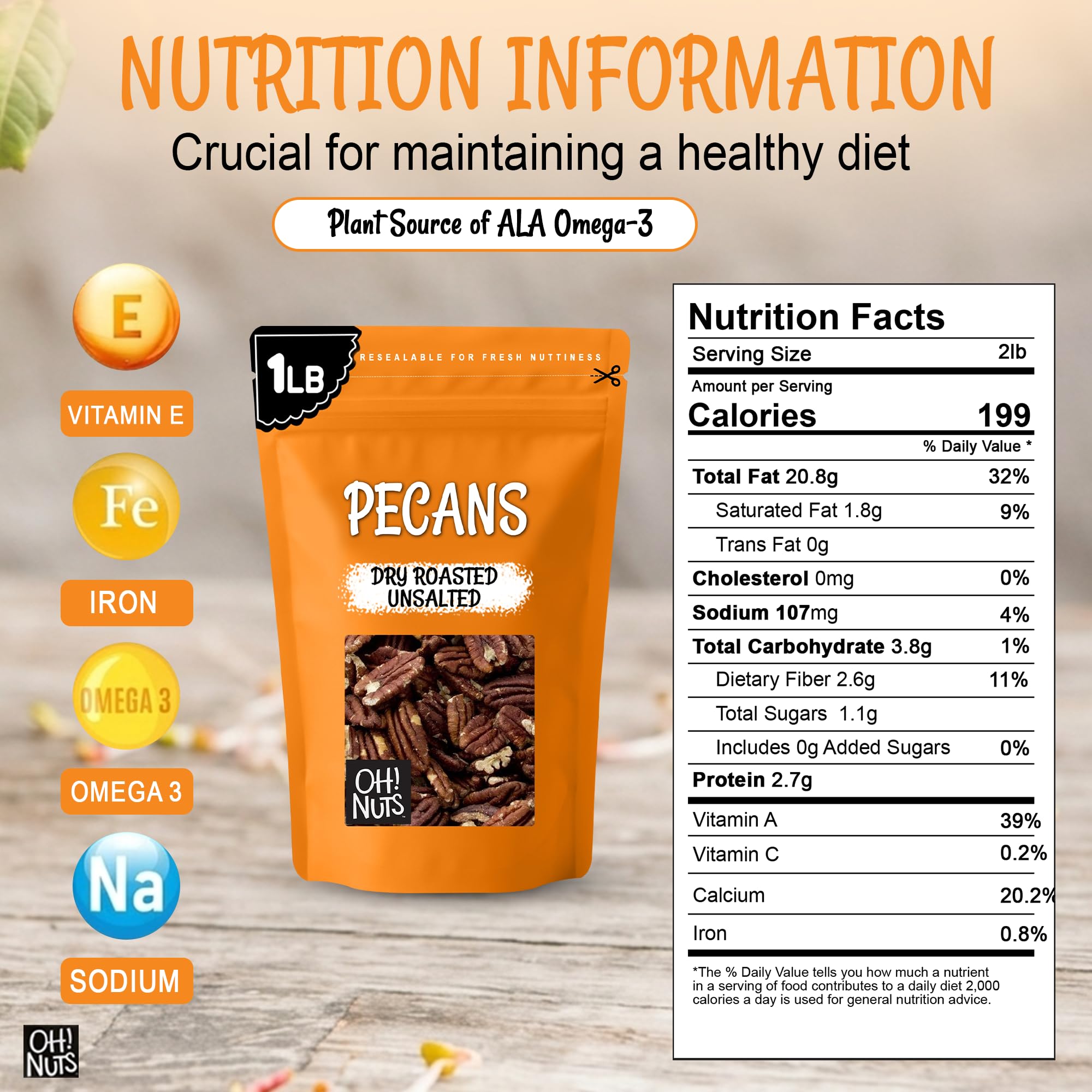 Oh! Nuts Pecans Dry Roasted Unsalted - Kosher, Oil-Free, All Natural Pecans - For Baking, Snacks, Salad, Dressing - Packed in 1 LB Resealable Bulk Bag