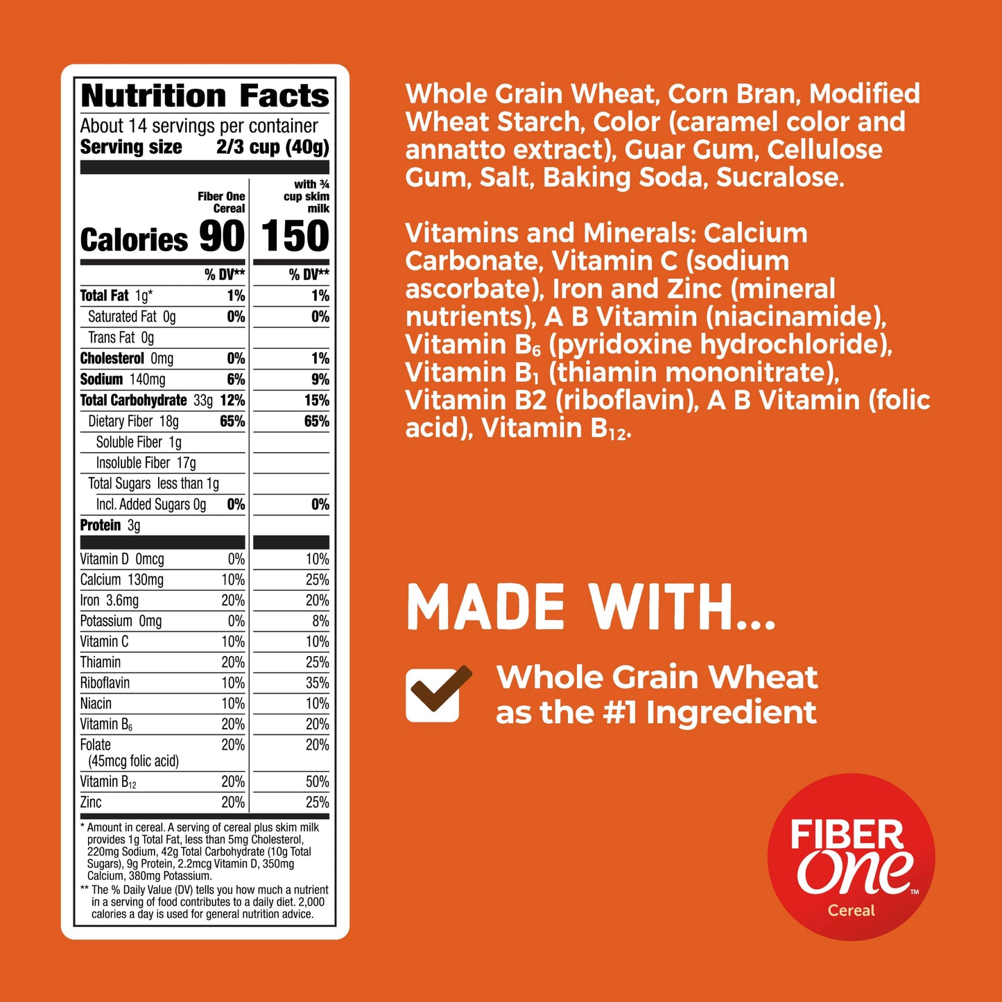 Fiber One Cereal, Original Bran, High Fiber Cereal Made with Whole Grain, 19.6 oz