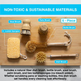 ECOHOUSE SUPPLY™ Bamboo Dish Brush Set - 6-Piece Natural Fiber Kitchen Brush Set with Loofah Sponges (No Bleach), Sisal & Palm Scrubbers - Non-Toxic