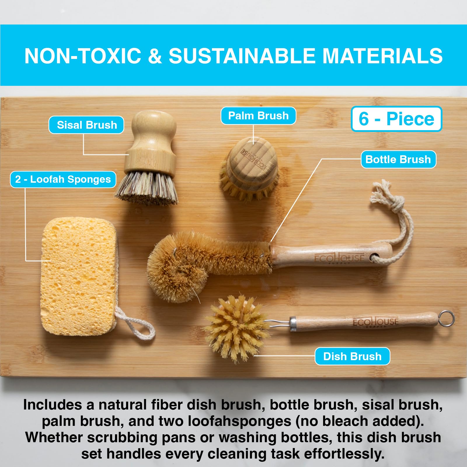 ECOHOUSE SUPPLY™ Bamboo Dish Brush Set - 6-Piece Natural Fiber Kitchen Brush Set with Loofah Sponges (No Bleach), Sisal & Palm Scrubbers - Non-Toxic