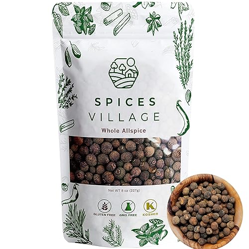 SPICES VILLAGE Allspice Berries Whole, Pimento Seeds, Natural Allspice for Cooking, Pickling Seasoning, 8 oz, Pimienta Dulce Malagueta, Kosher, Gluten