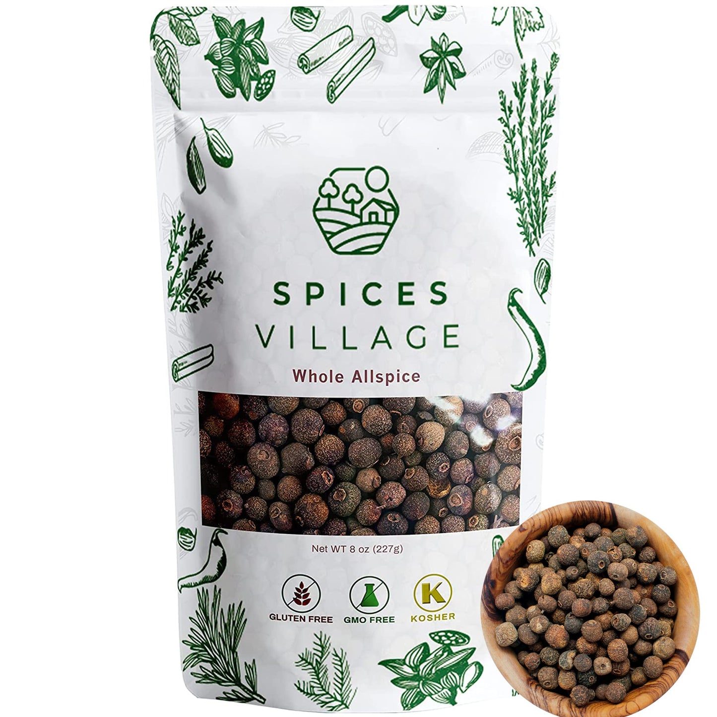 SPICES VILLAGE Allspice Berries Whole, Pimento Seeds, Natural Allspice for Cooking, Pickling Seasoning, 8 oz, Pimienta Dulce Malagueta, Kosher, Gluten