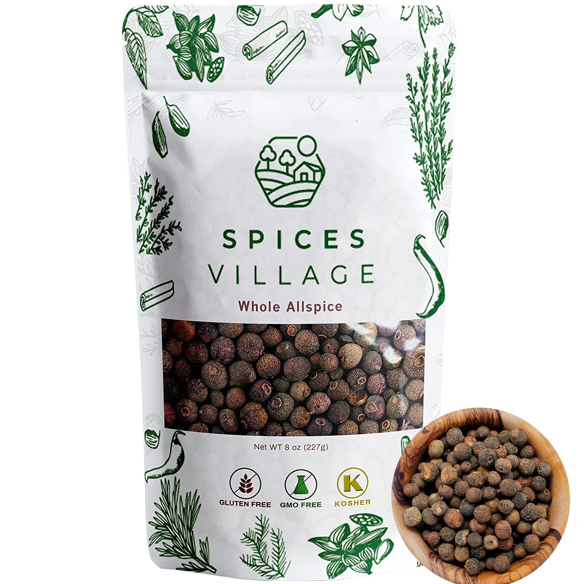 SPICES VILLAGE Allspice Berries Whole, Pimento Seeds, Natural Allspice for Cooking, Pickling Seasoning, 8 oz, Pimienta Dulce Malagueta, Kosher, Gluten