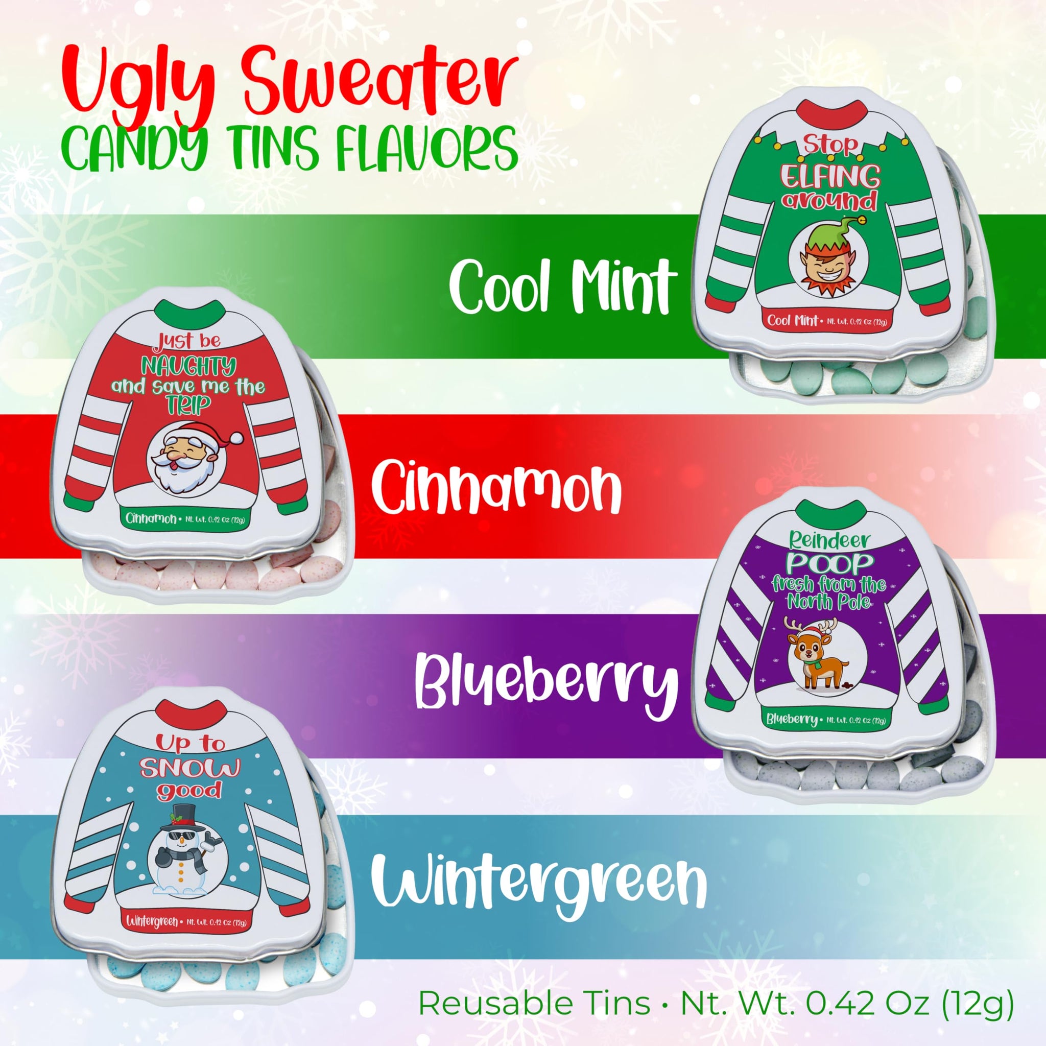 4E's Novelty Humorous "Christmas Poop" Candy Breath Mint Tins, 4 Pack Ugly Sweater Tins Funny Christmas Candy Stocking Stuffer for Kids Teens Adults