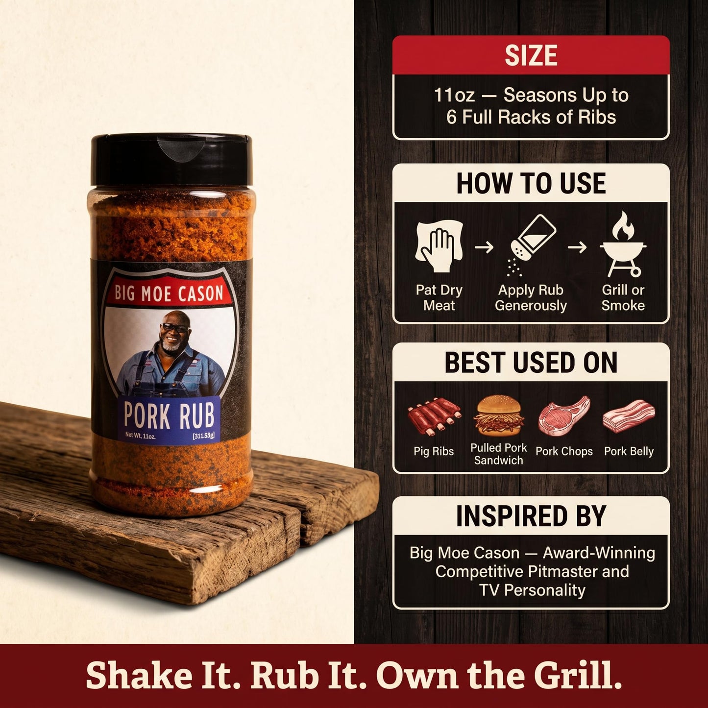 Big Moe Cason Pork BBQ Rub - 2x 11 oz Shaker Bottles - Bbq Rub and Pork Rub for Ribs and Brisket - Bbq Seasoning and Rib Rub Style Brisket Rub - Spg