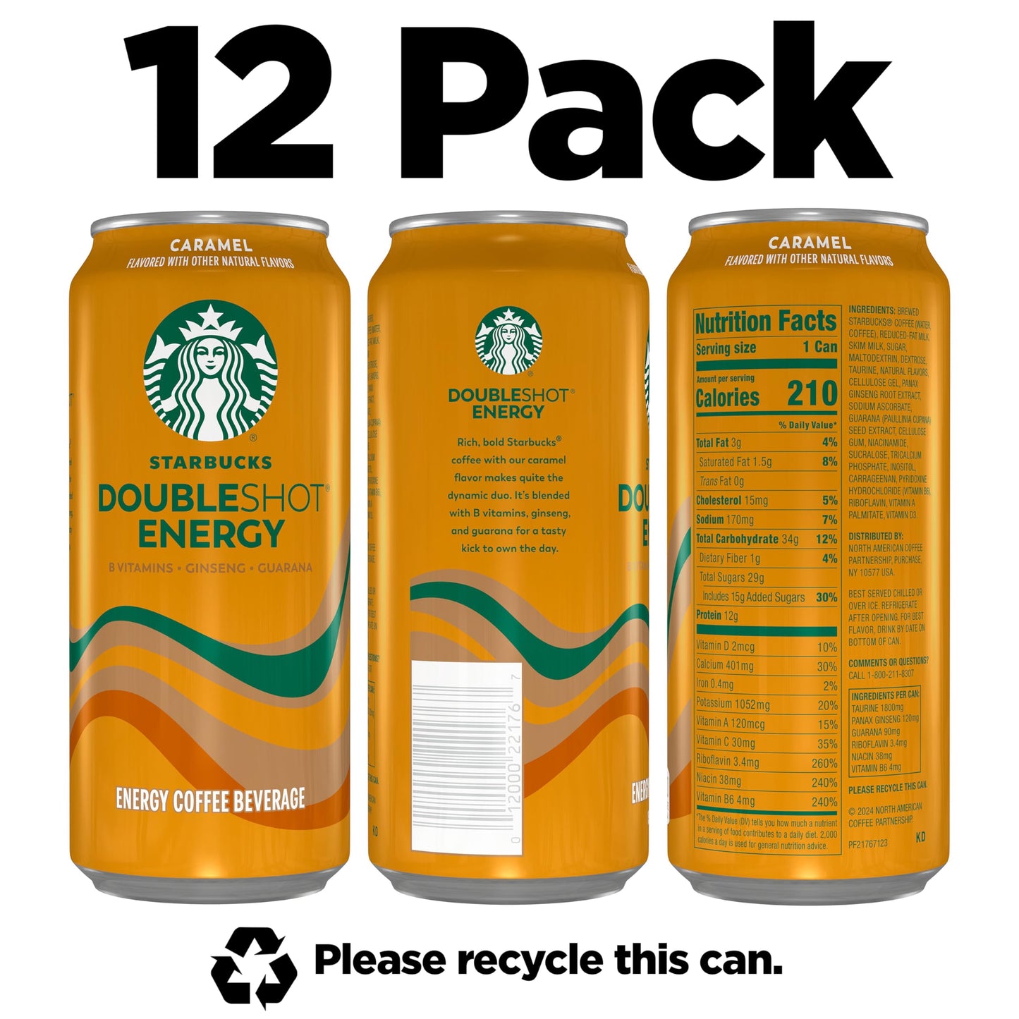 Starbucks Doubleshot Energy Drink Coffee Beverage, Caramel, Iced Coffee, 15 fl oz Cans (12 Pack)