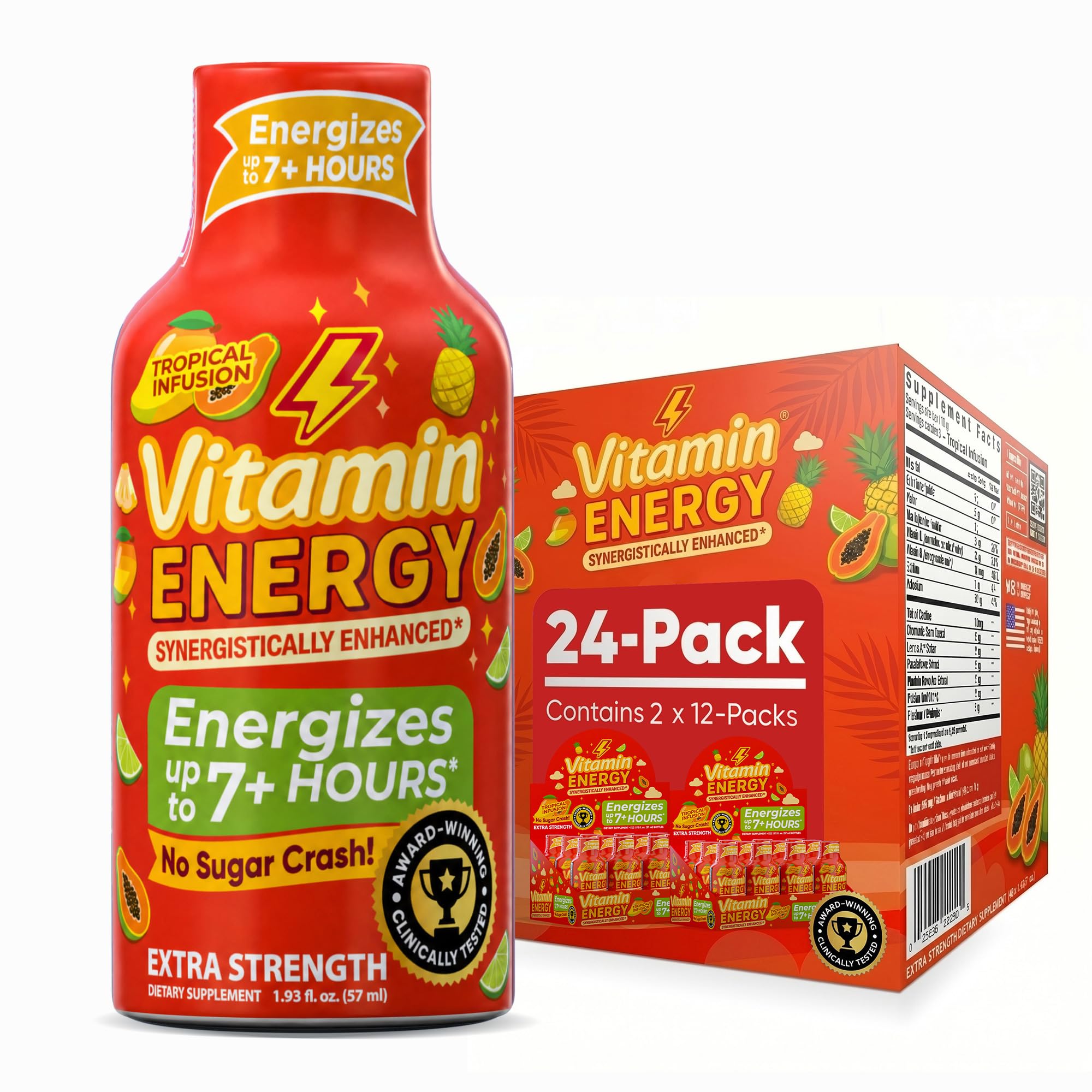 Vitamin Energy Tropical Infusion Extra Strength Energy Shot, 24 Pack - Up to 7 Hrs, 260mg Natural Caffeine, Zero Sugar - BCAAs + CoQ10, Focus Support