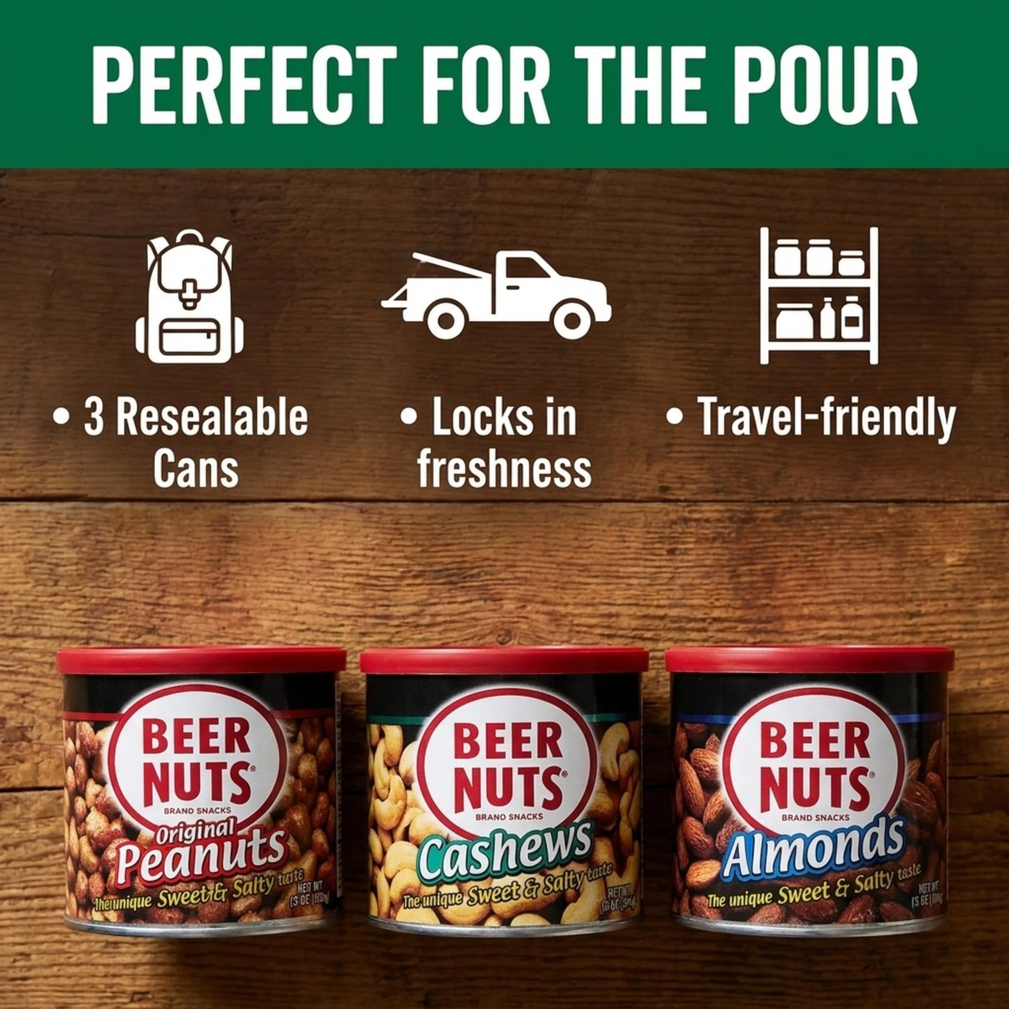 BEER NUTS The Nuts Nutstack Trio - Original Peanuts, Cashews and Mixed Nuts - Travel Size Sweet & Salty Bar Nuts - Gluten Free, Kosher, Low Sodium