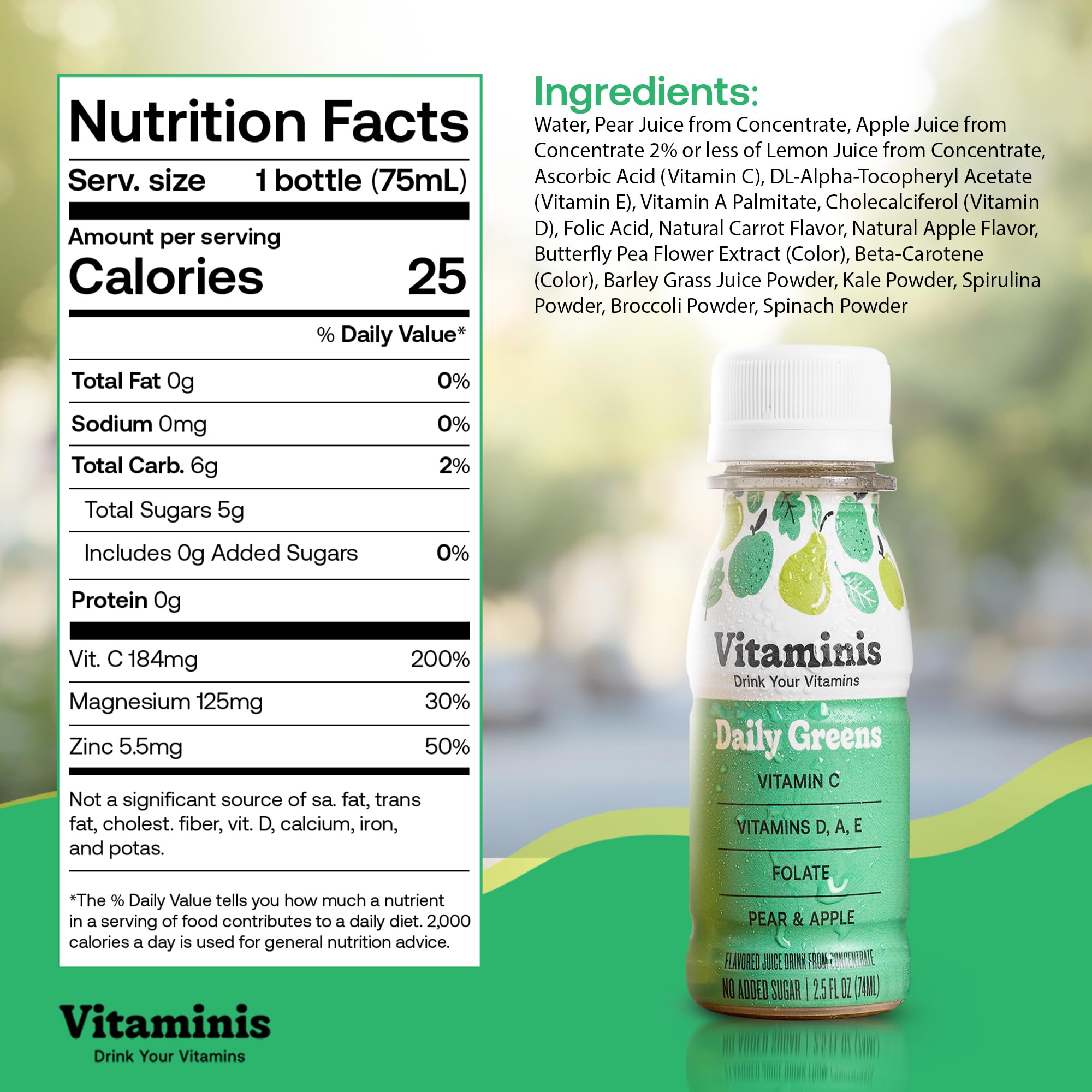 Vitaminis Daily Greens Drink - Apple Pear Juice with Vitamins C, D, A, E & Folate - No Added Sugar - Non-GMO - Gluten-Free - Shelf-Stable Mini Bottles
