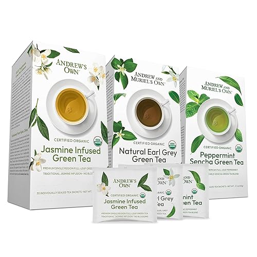 ANDREW LESSMAN Tea - Variety Pack - Green Tea Variety Kit - 30 Sachets Each of Jasmine - Infused + Earl Grey + Peppermint Green Teas. Rich in Healthy
