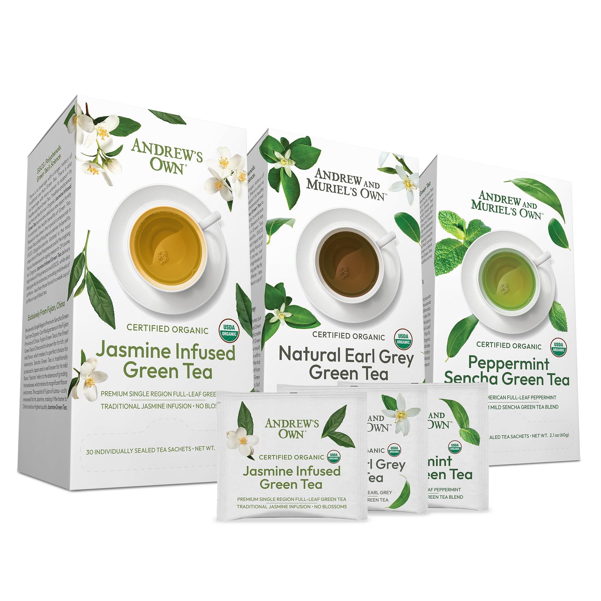 ANDREW LESSMAN Tea - Variety Pack - Green Tea Variety Kit - 30 Sachets Each of Jasmine - Infused + Earl Grey + Peppermint Green Teas. Rich in Healthy