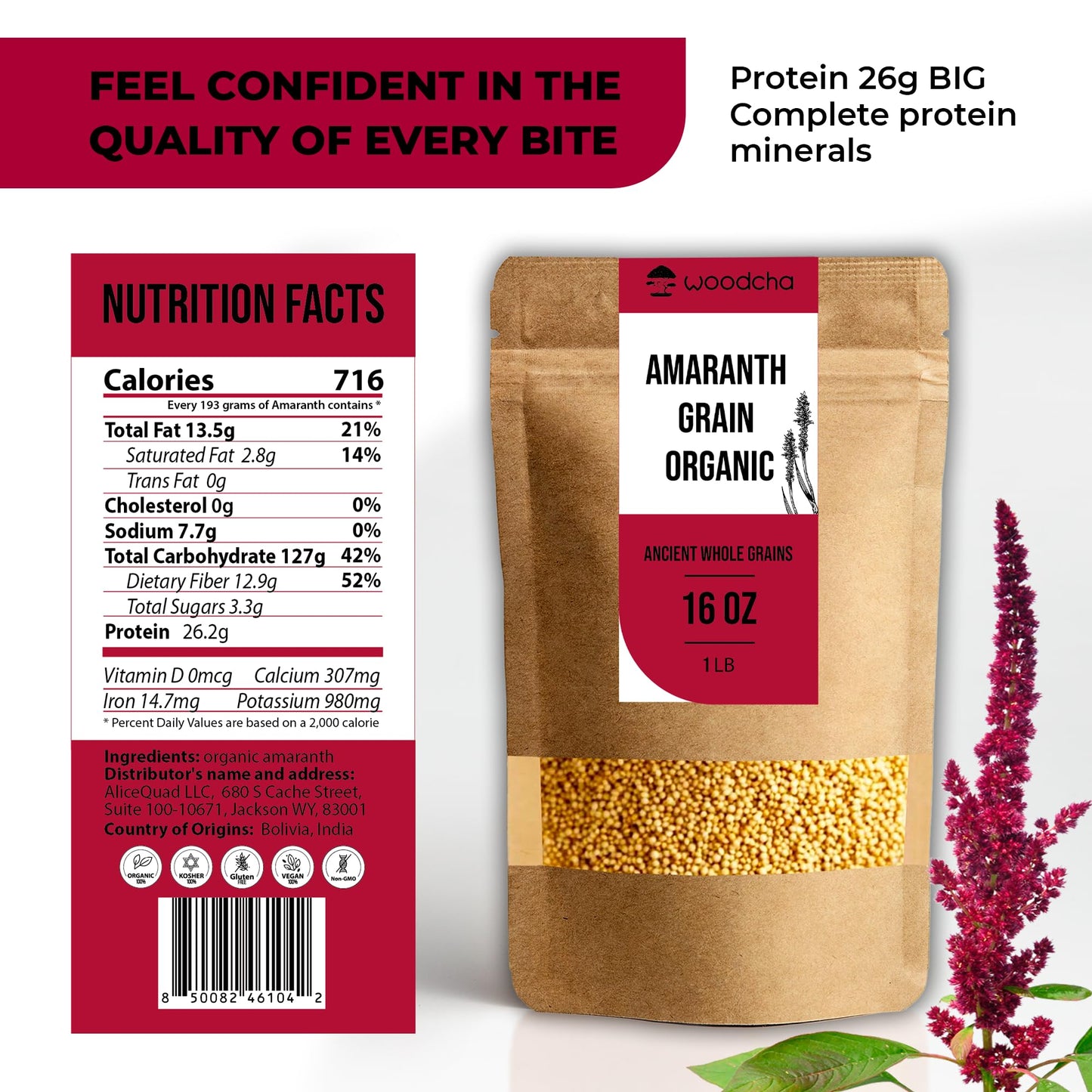 Organic Amaranth Grain 16oz - 26g Protein Ancient Grain (Complete Plant Protein), Gluten-Free, Non-GMO, Vegan - Ideal for Cooking, Porridge, Baking & Popping